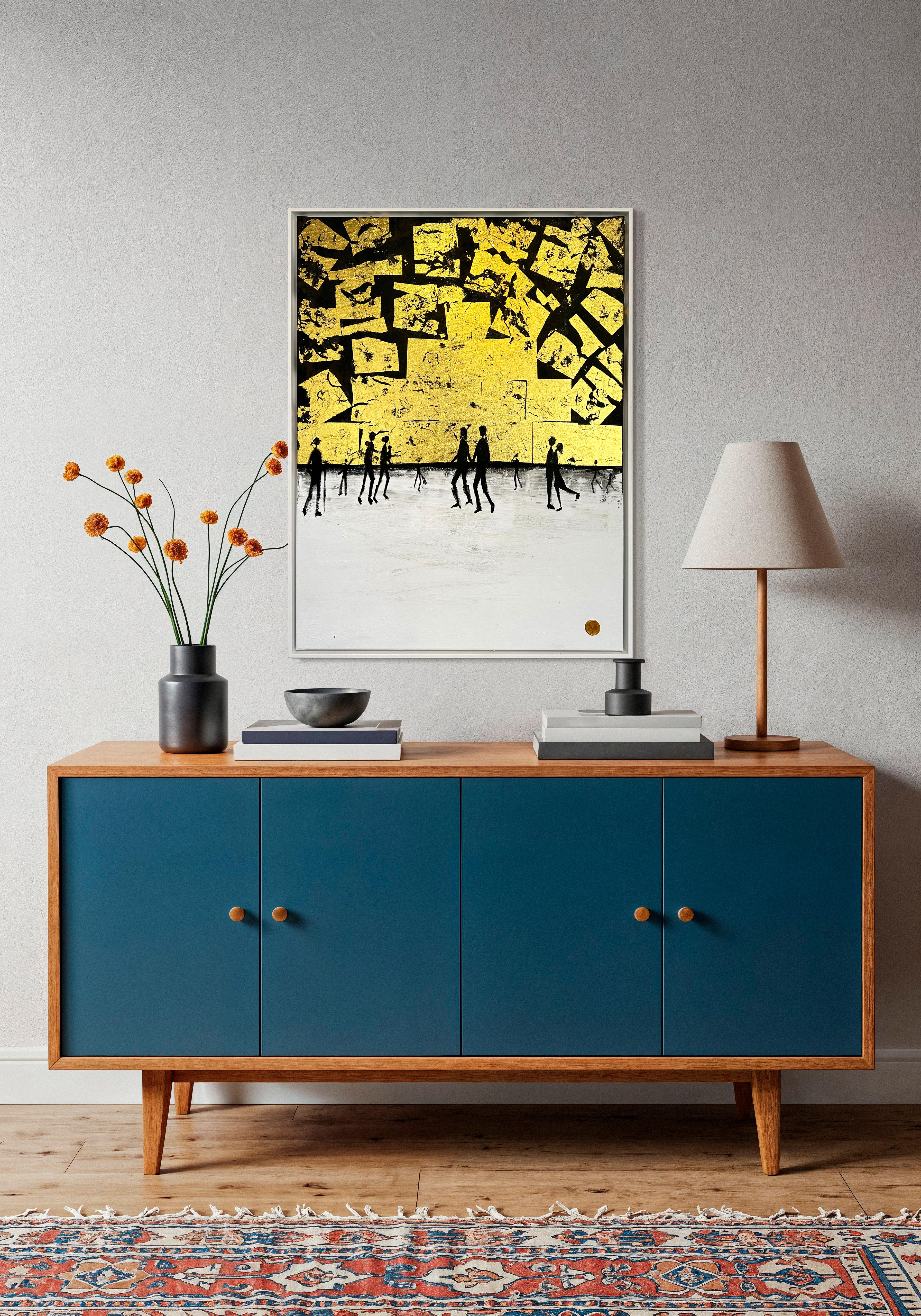 Me haces completo Cuadro familiar abstracto contemporáneo en pan de oro en venta 1