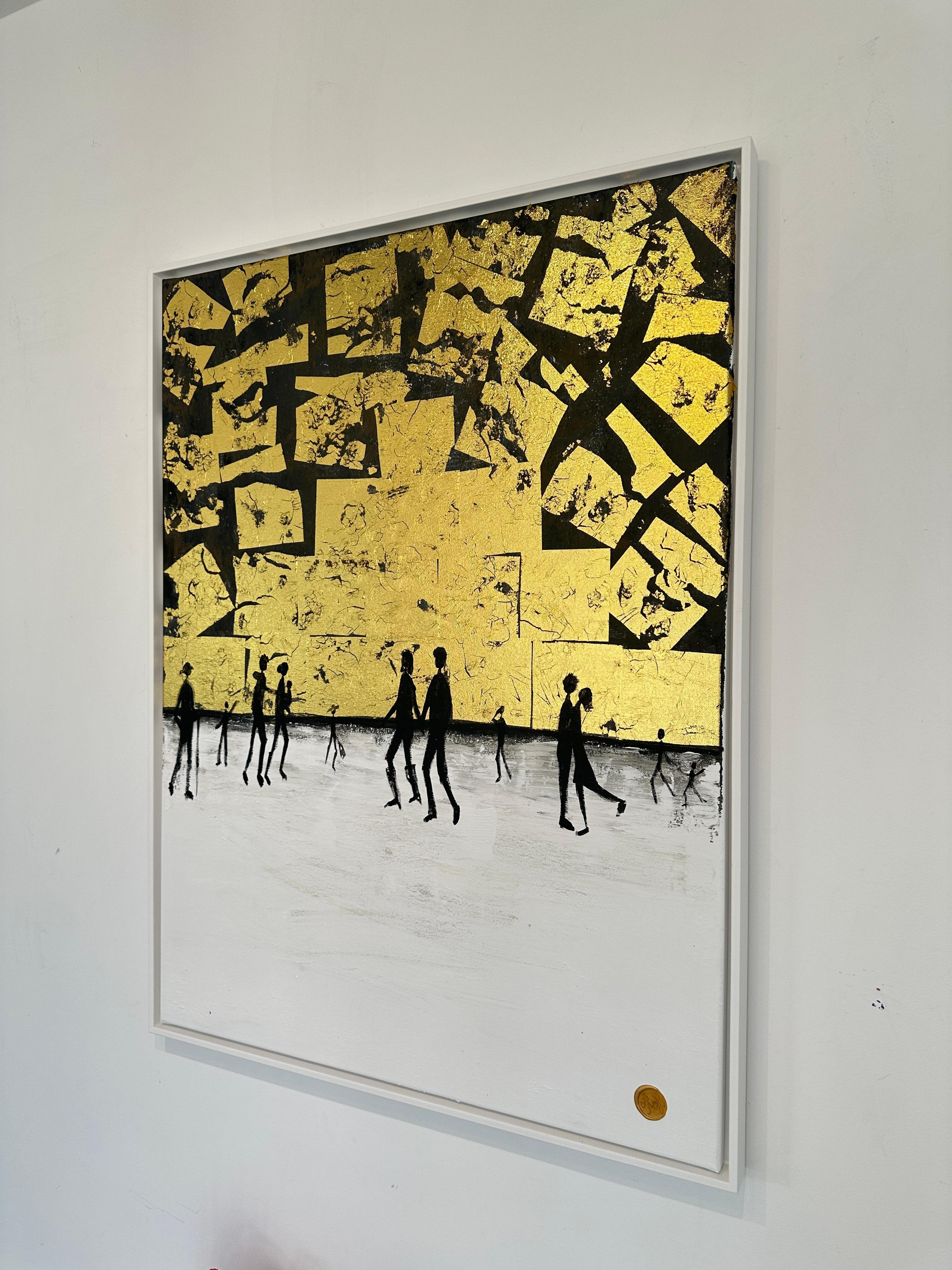 Me haces completo Cuadro familiar abstracto contemporáneo en pan de oro en venta 2