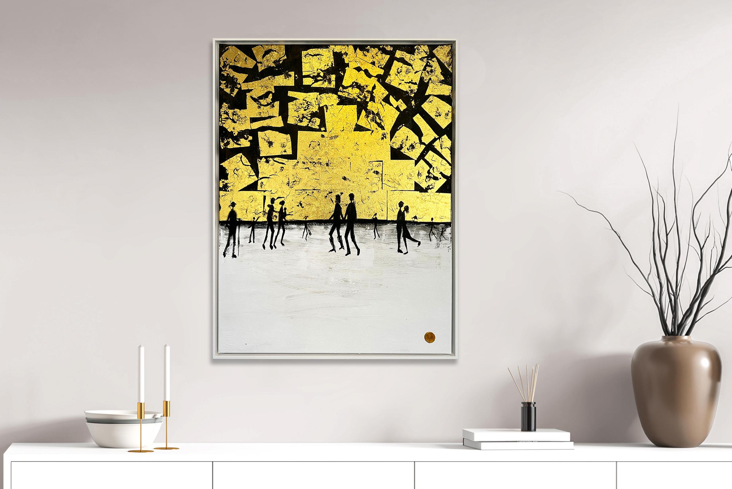 Me haces completo Cuadro familiar abstracto contemporáneo en pan de oro en venta 3