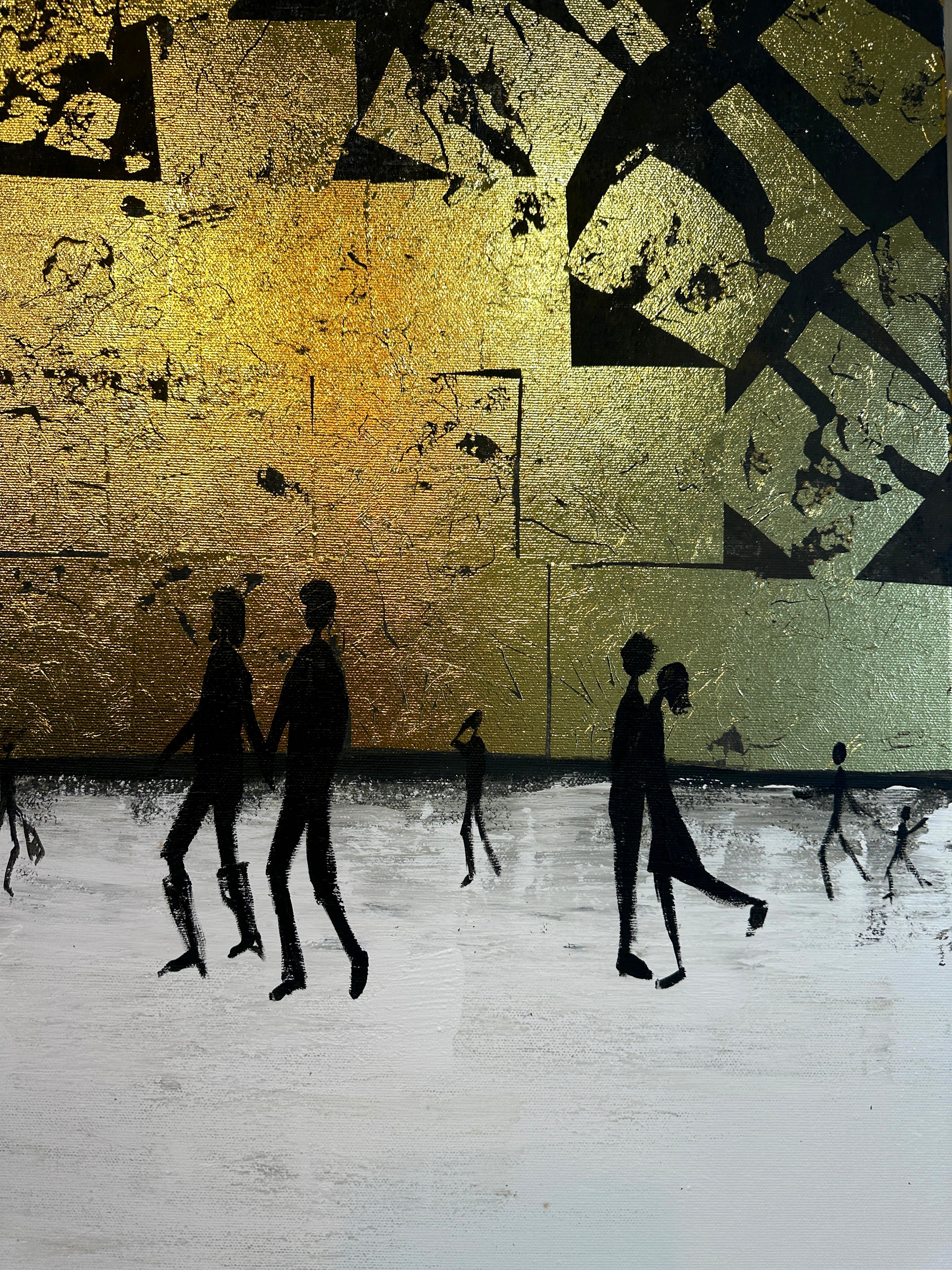 Me haces completo Cuadro familiar abstracto contemporáneo en pan de oro en venta 4