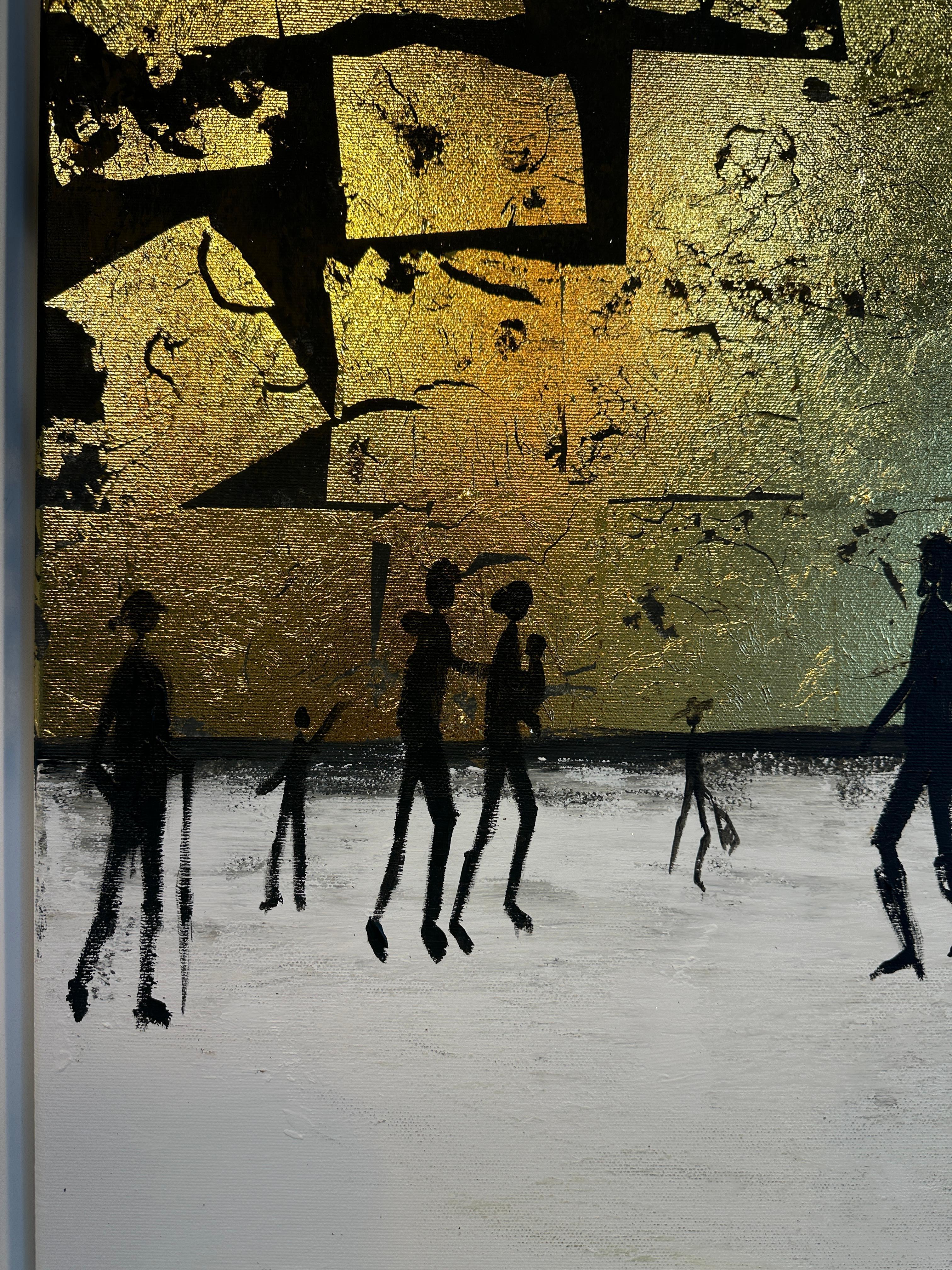 Me haces completo Cuadro familiar abstracto contemporáneo en pan de oro en venta 6