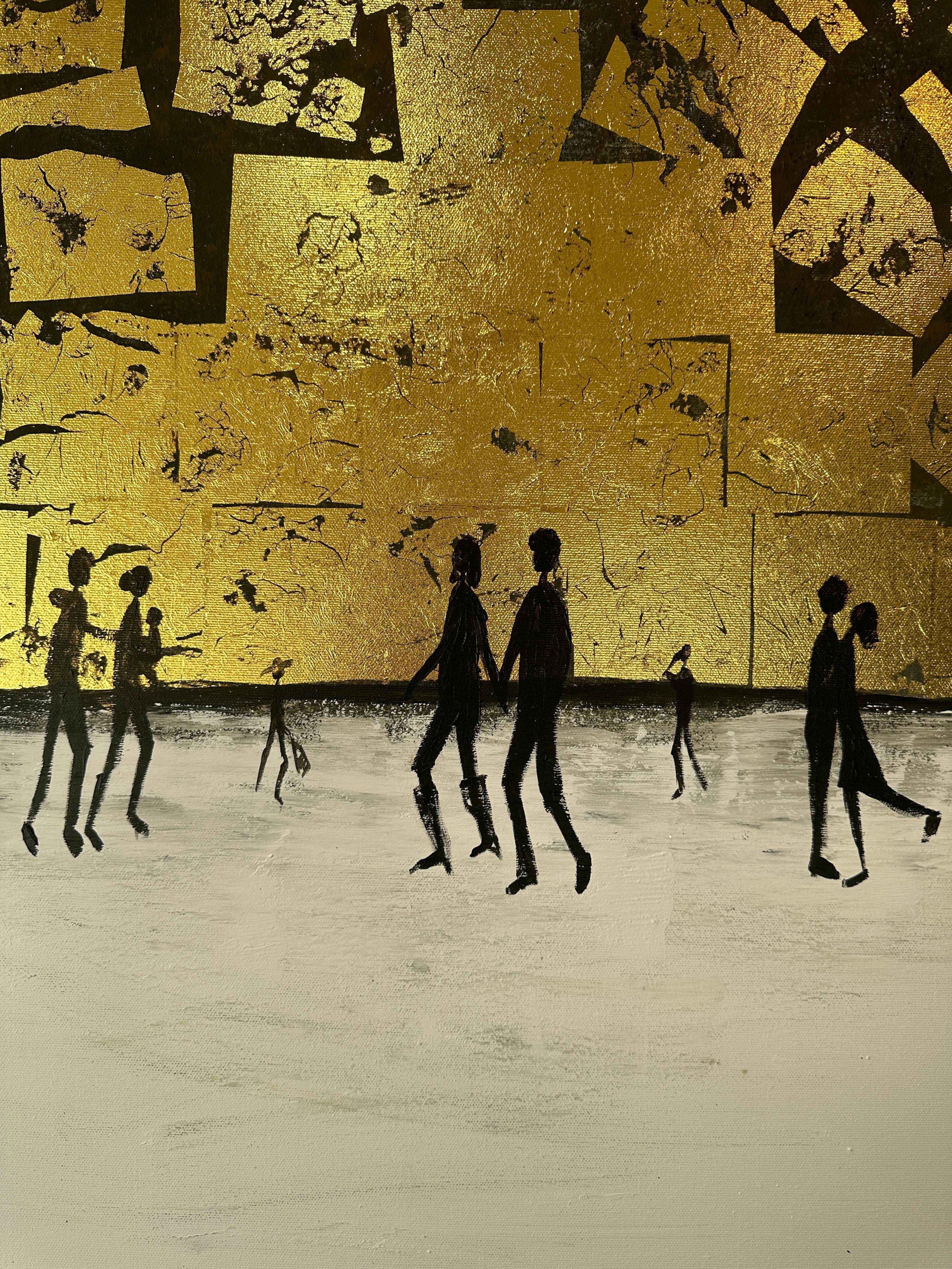 Me haces completo Cuadro familiar abstracto contemporáneo en pan de oro en venta 7