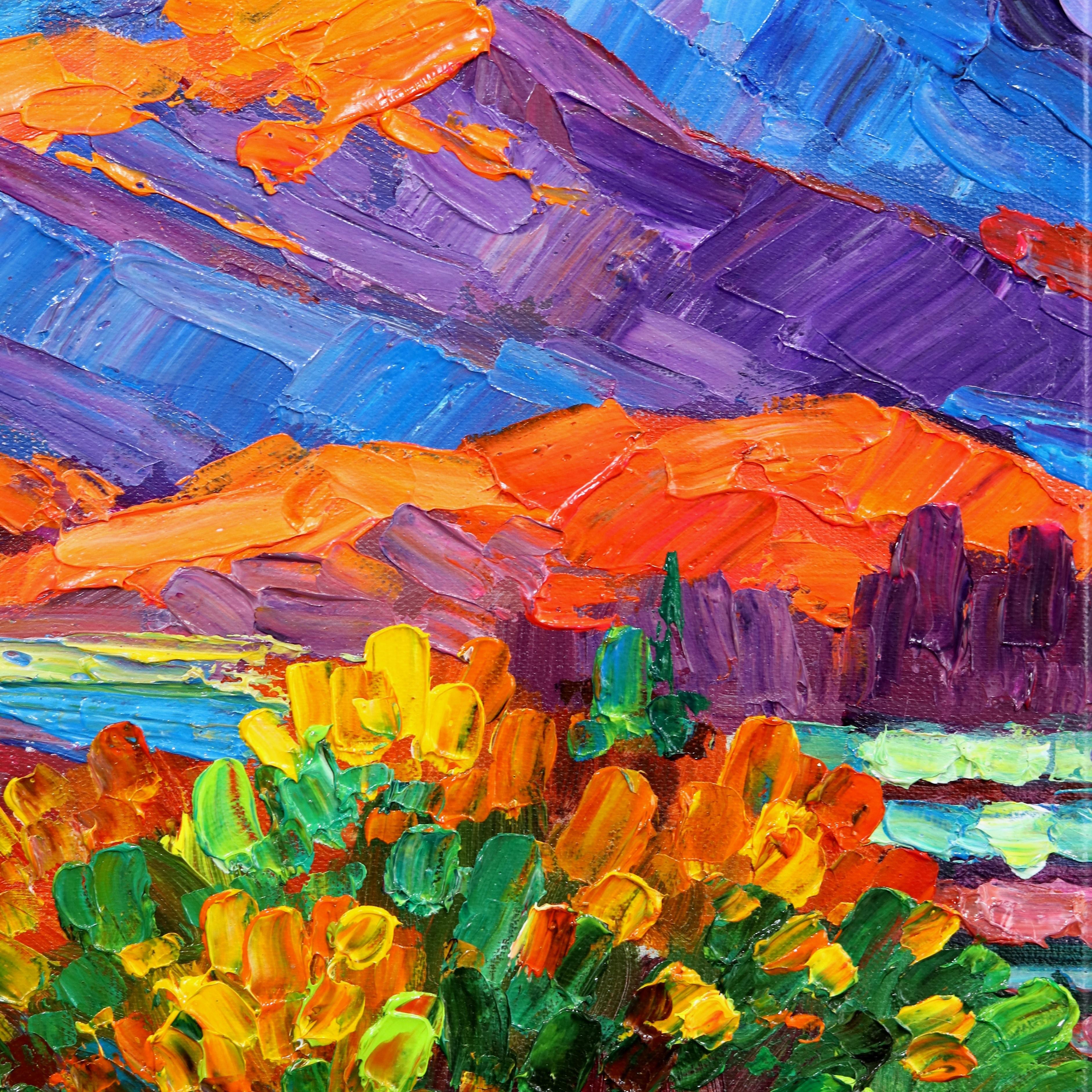 A Spark in the Sky - Vibrant Textural Mountain Desert Landscape Oil Painting 4