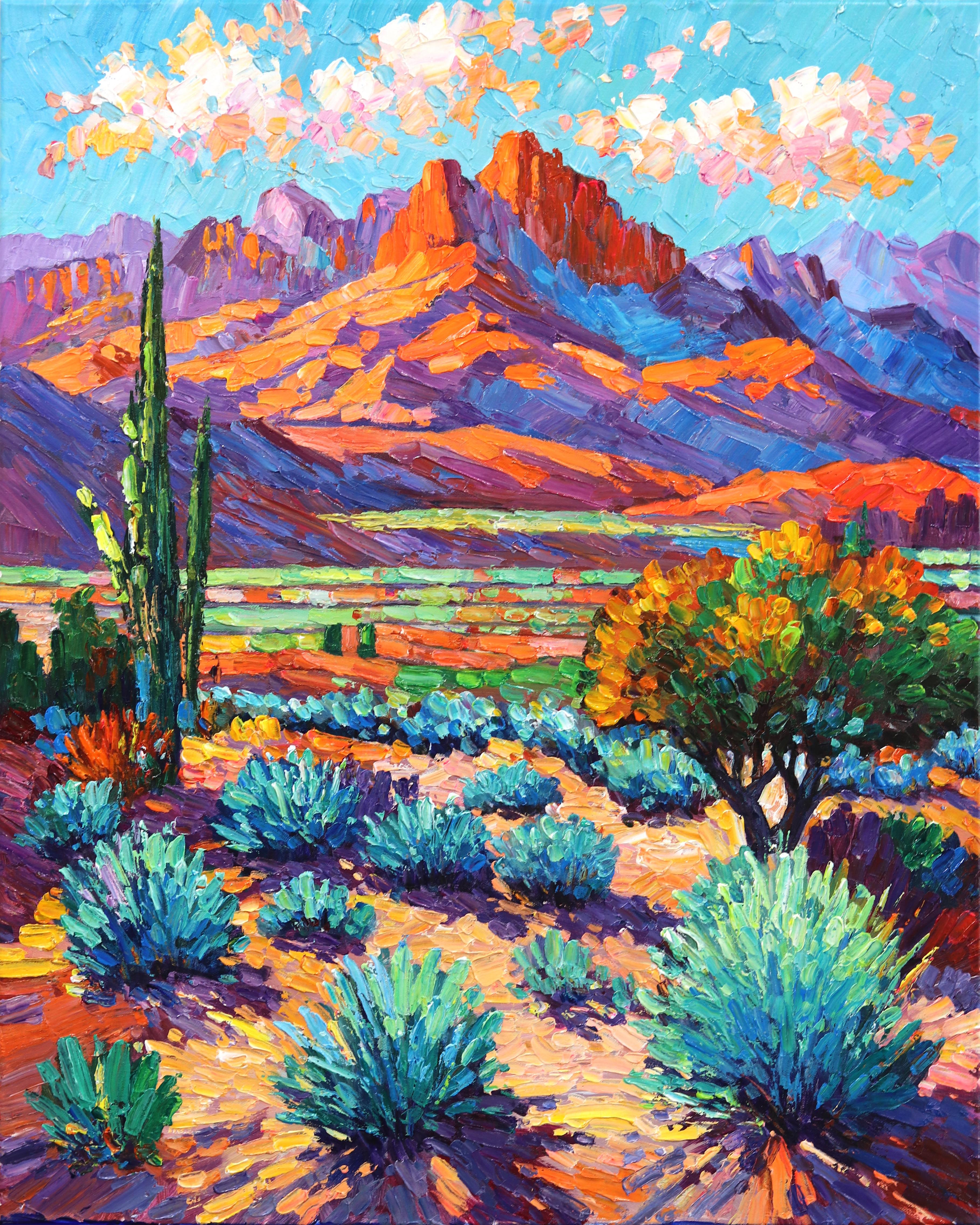 Katharina Husslein Figurative Painting - A Spark in the Sky - Vibrant Textural Mountain Desert Landscape Oil Painting