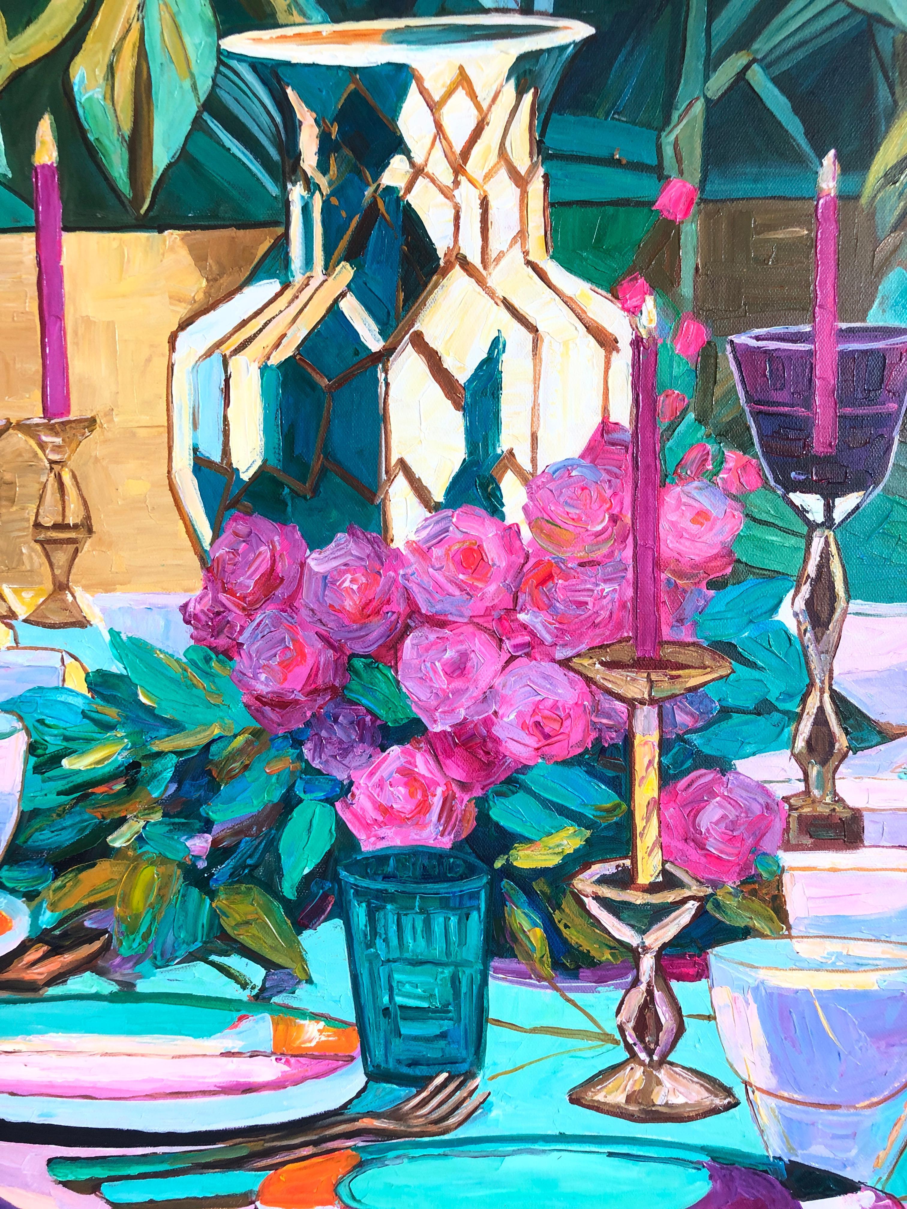 A table set for Laughter by K.Husslein Impasto Flower Dinner Food Table Painting For Sale 7