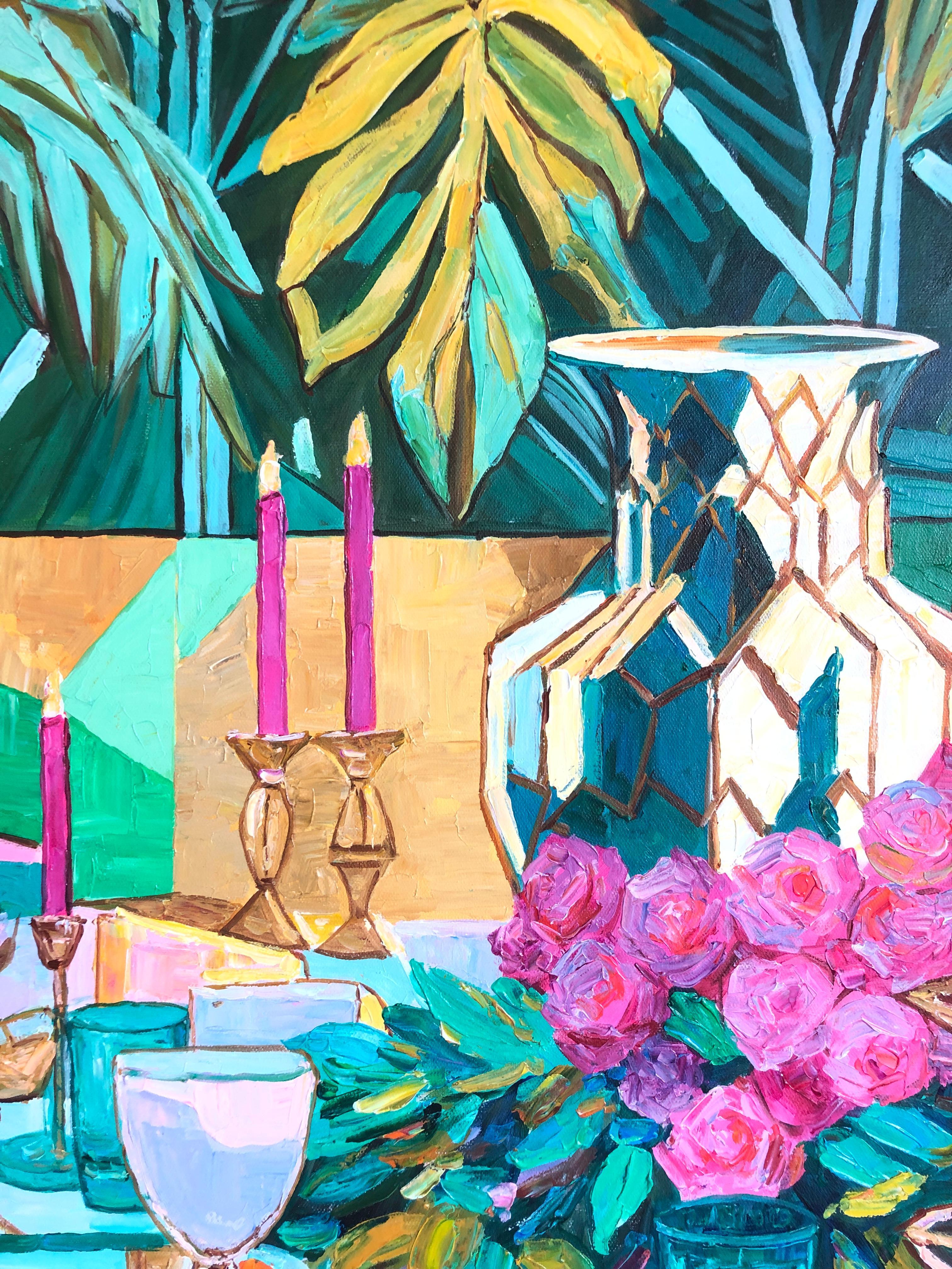 A table set for Laughter by K.Husslein Impasto Flower Dinner Food Table Painting For Sale 9