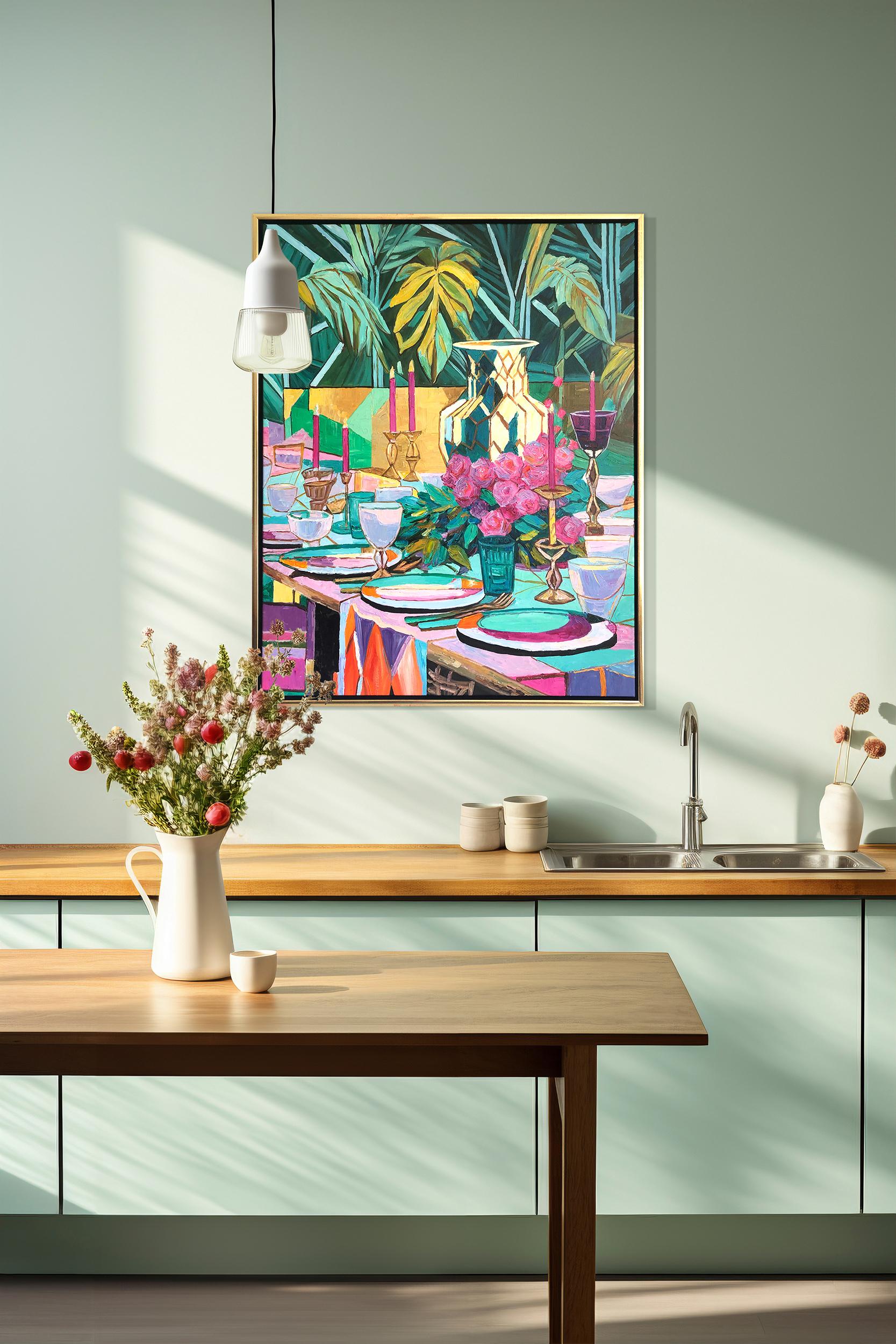 A table set for Laughter by K.Husslein Impasto Flower Dinner Food Table Painting For Sale 11