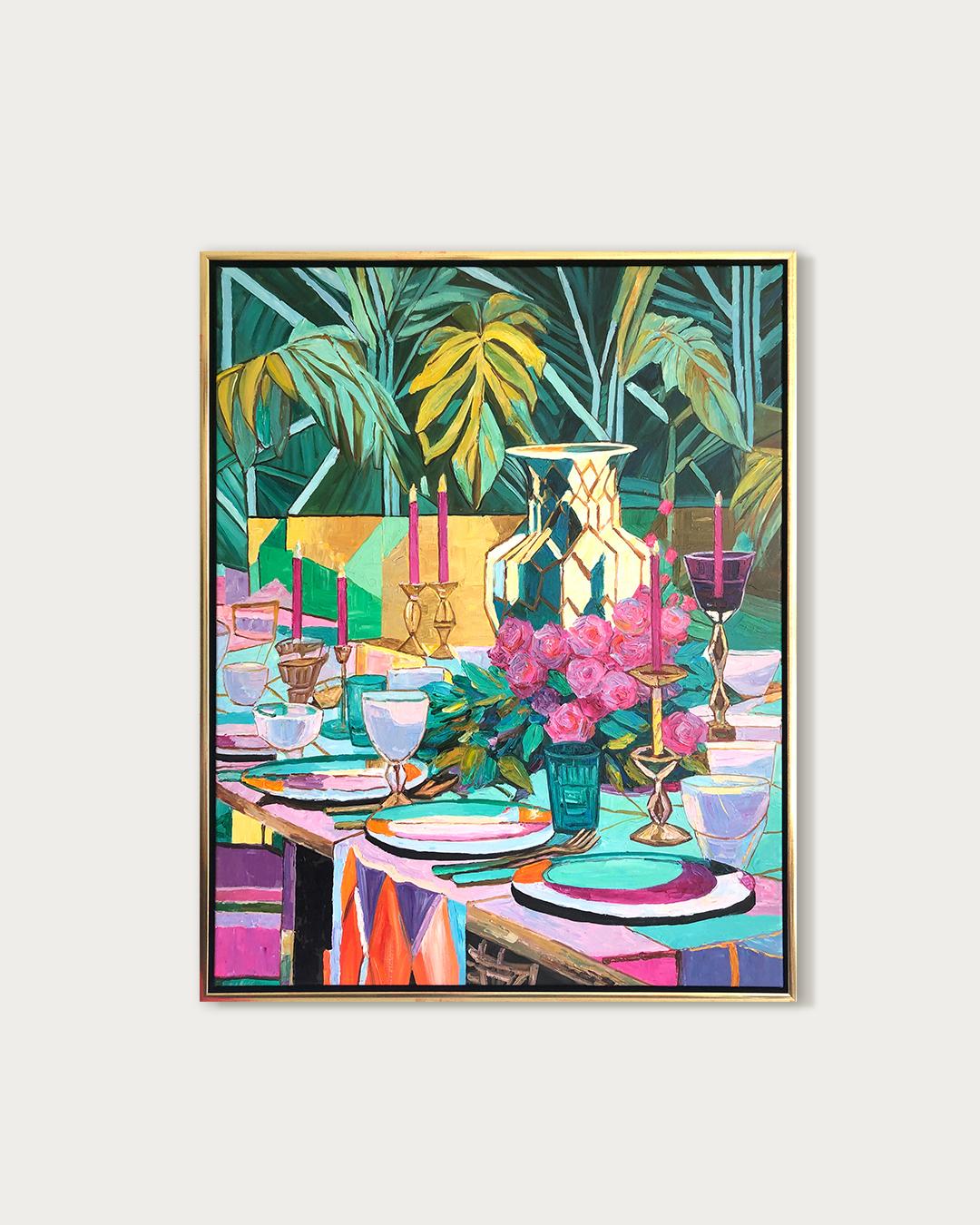 A table set for Laughter by K.Husslein Impasto Flower Dinner Food Table Painting - Brown Landscape Painting by Katharina Husslein
