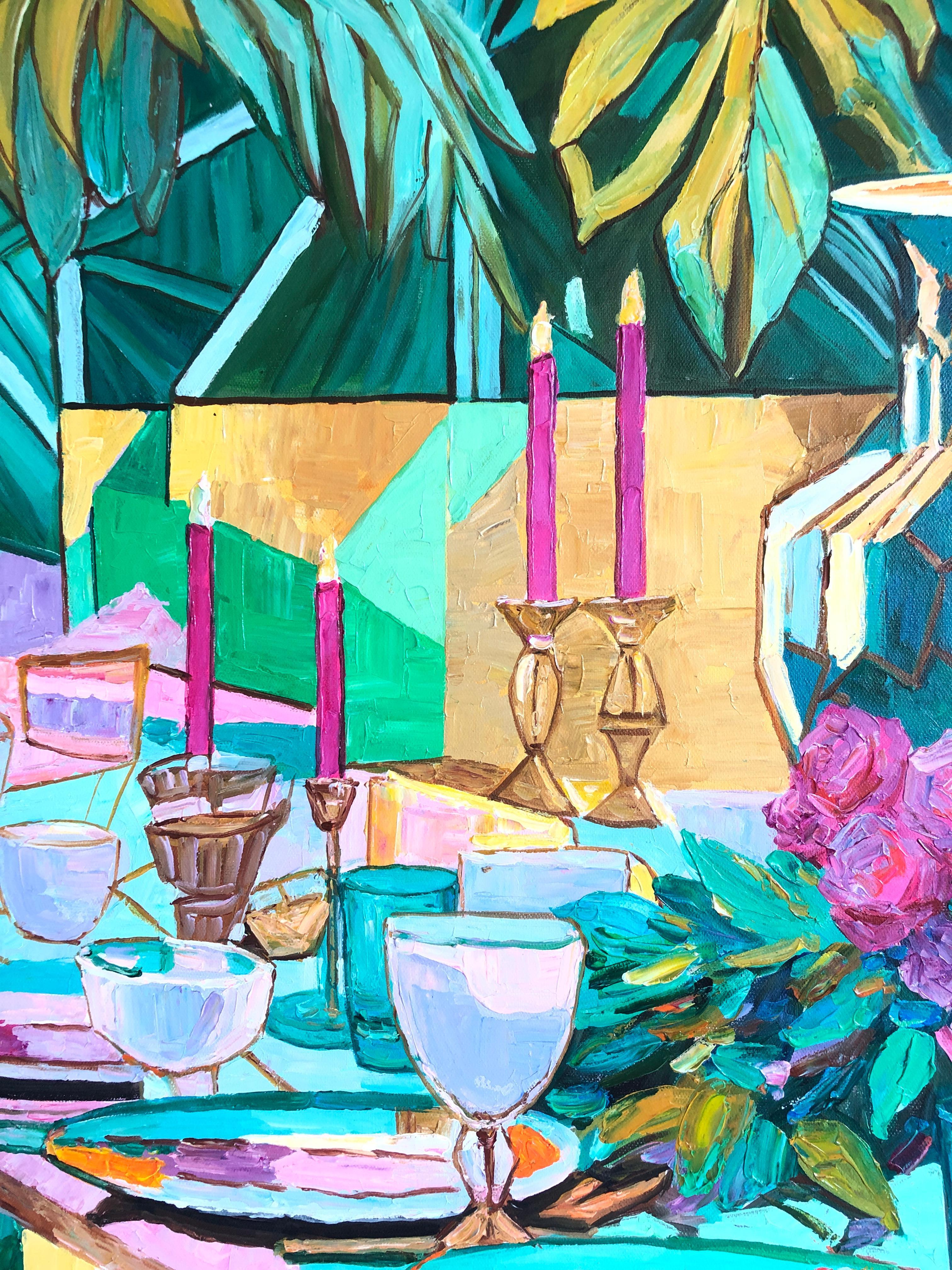 A table set for Laughter by K.Husslein Impasto Flower Dinner Food Table Painting For Sale 1