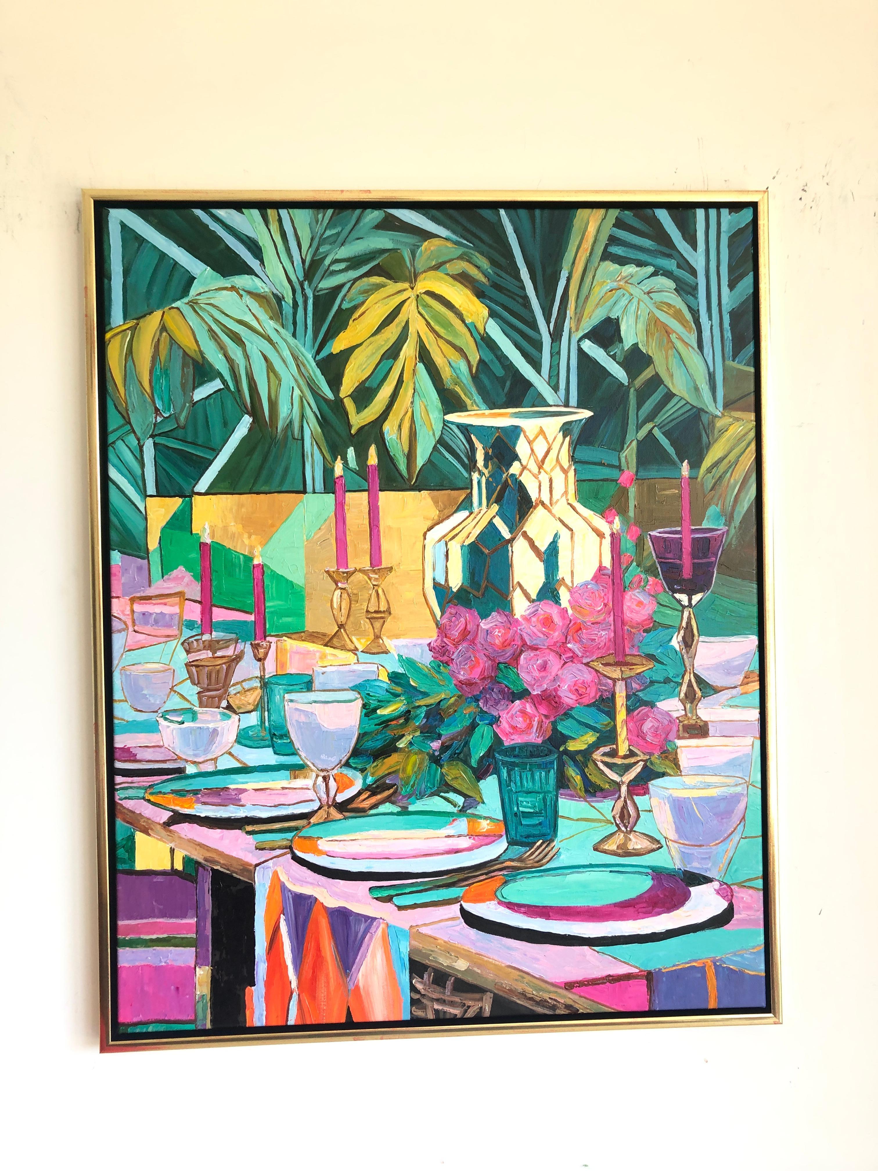 A table set for Laughter by K.Husslein Impasto Flower Dinner Food Table Painting For Sale 3