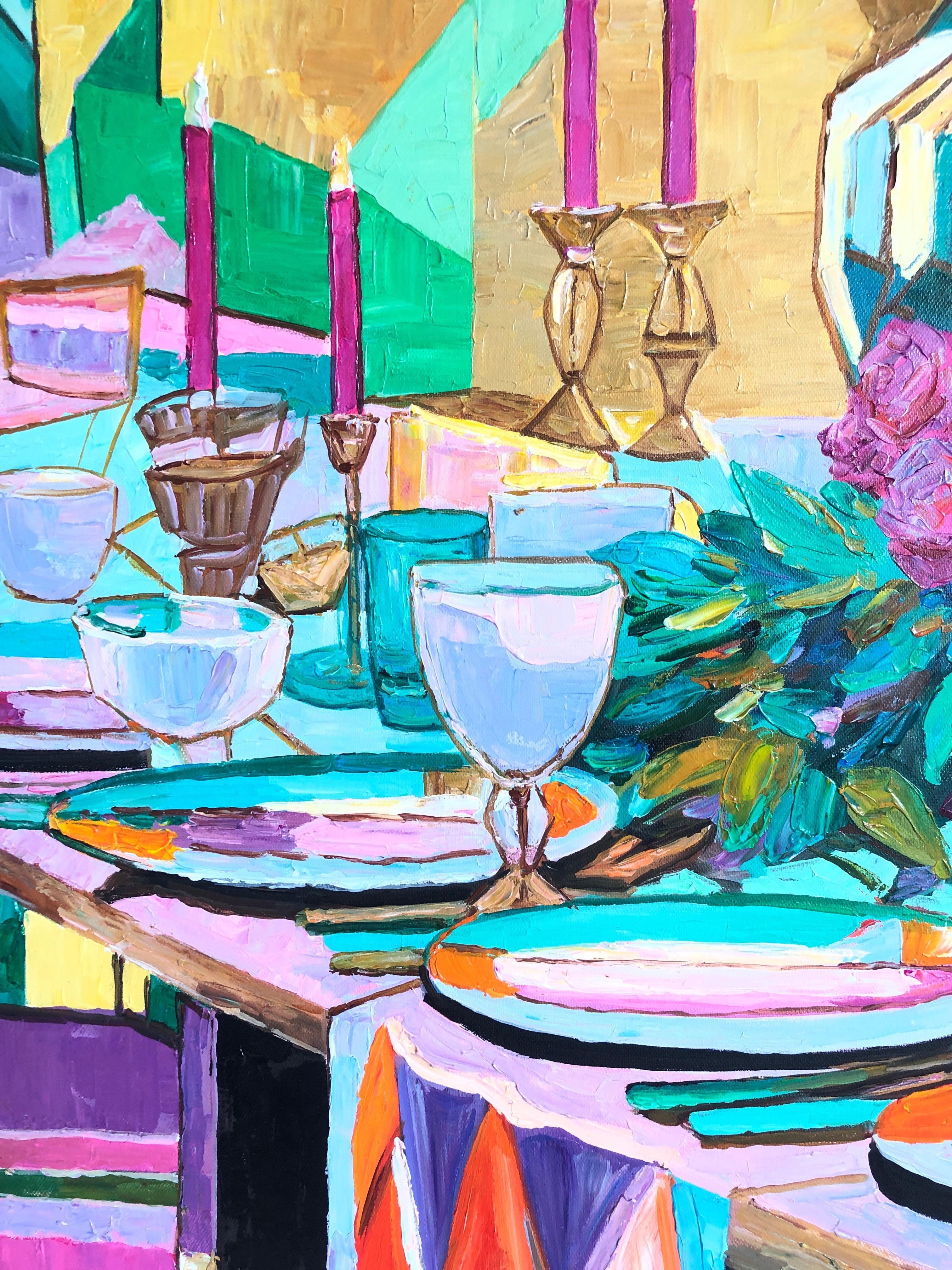 A table set for Laughter by K.Husslein Impasto Flower Dinner Food Table Painting For Sale 4