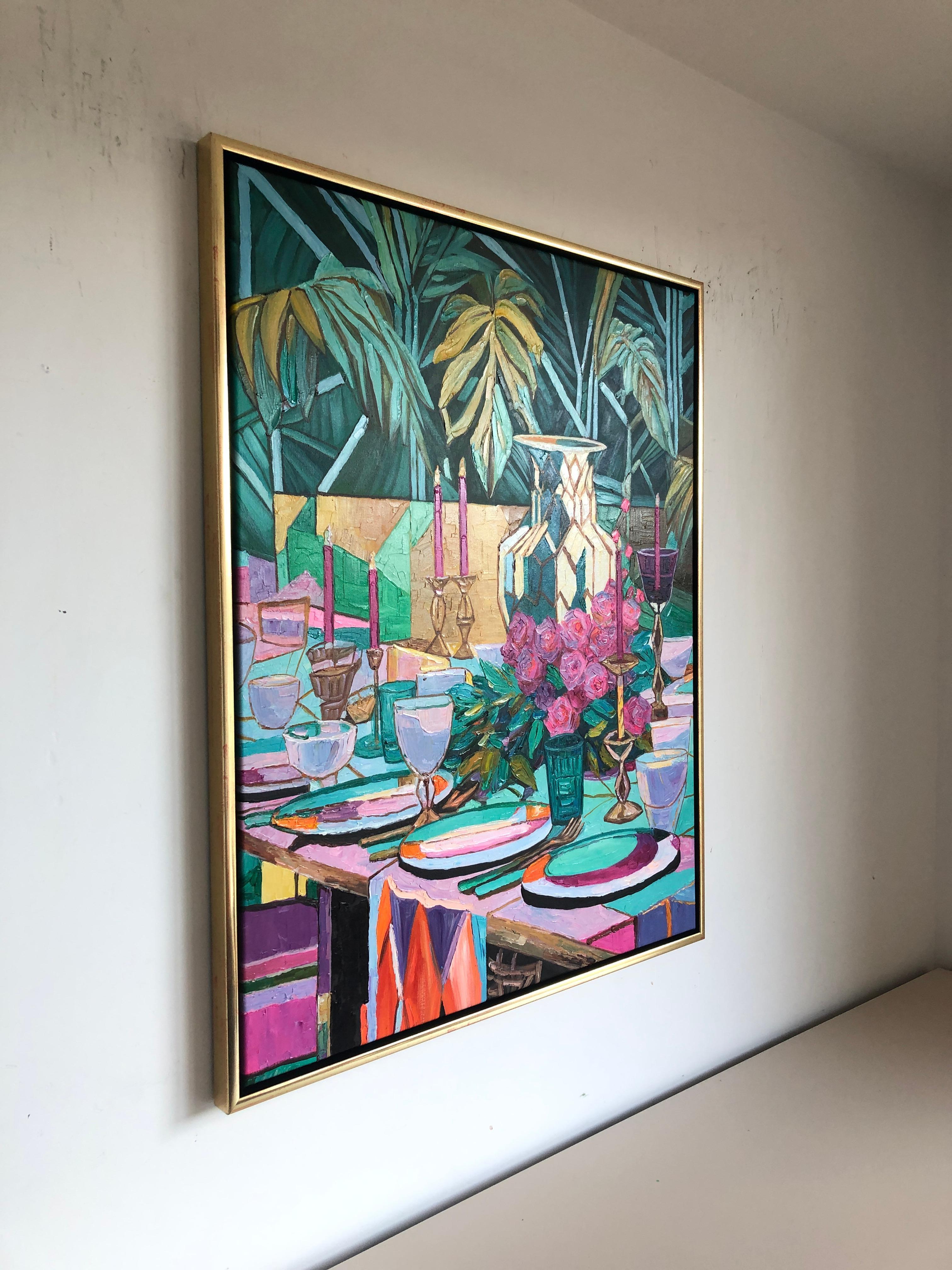 A table set for Laughter by K.Husslein Impasto Flower Dinner Food Table Painting For Sale 5