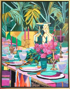 A table set for Laughter by K.Husslein Impasto Flower Dinner Food Table Painting