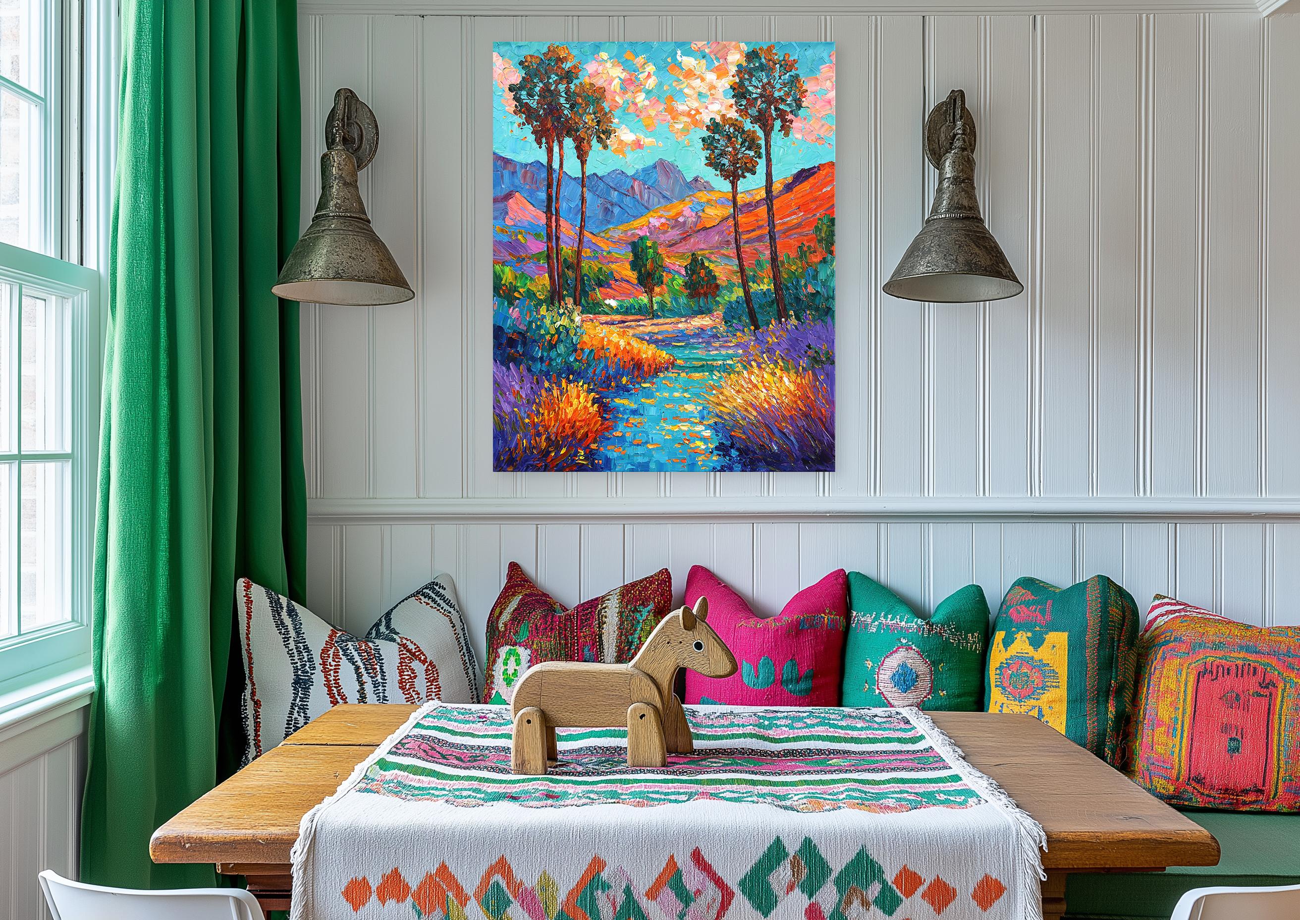 A lo largo de las carreteras secundarias - Pintura al óleo de paisajes montañosos desérticos con texturas vibrantes - Painting de Katharina Husslein