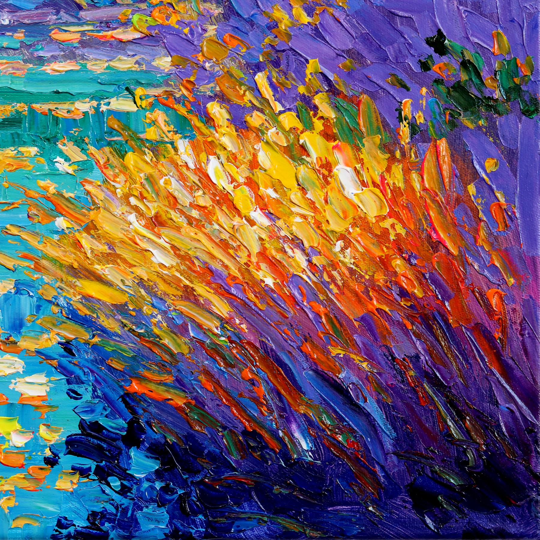 A lo largo de las carreteras secundarias - Pintura al óleo de paisajes montañosos desérticos con texturas vibrantes en venta 3