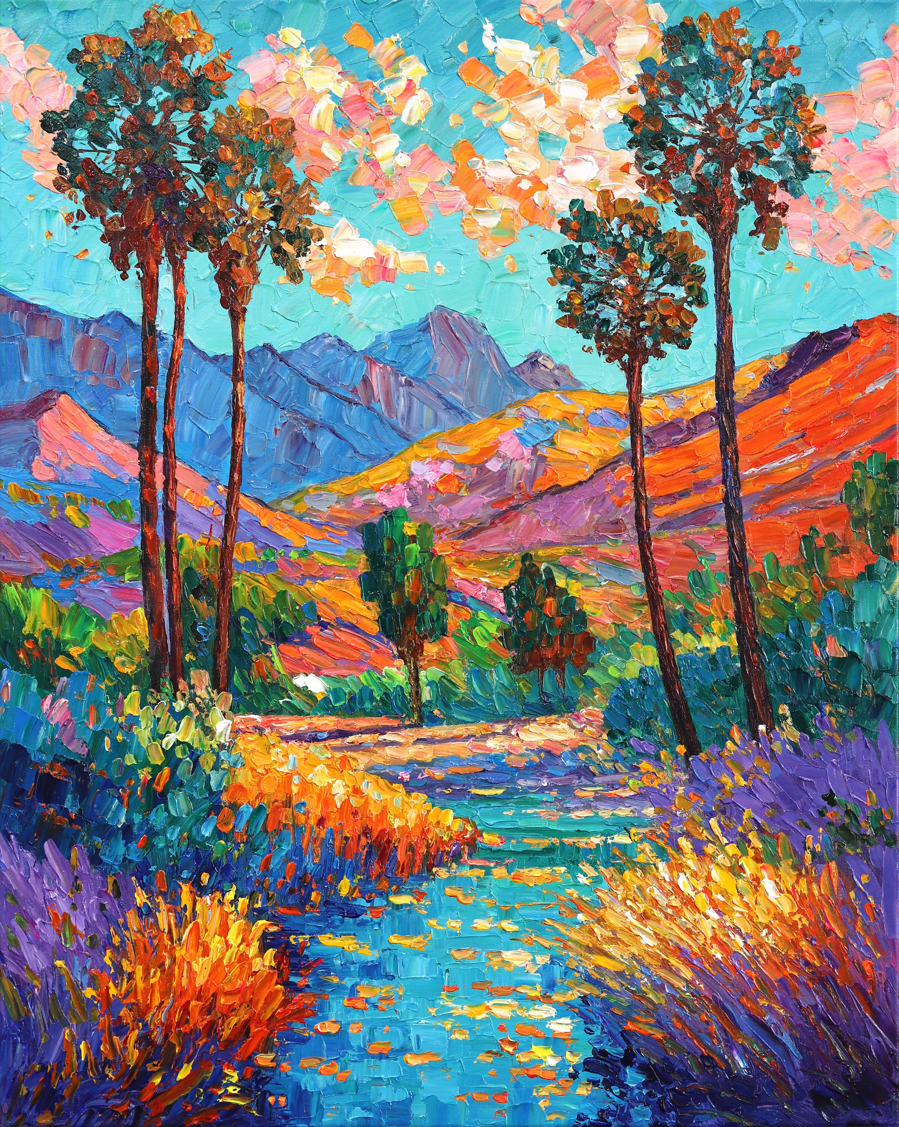 Still-Life Painting de Katharina Husslein - A lo largo de las carreteras secundarias - Pintura al óleo de paisajes montañosos desérticos con texturas vibrantes