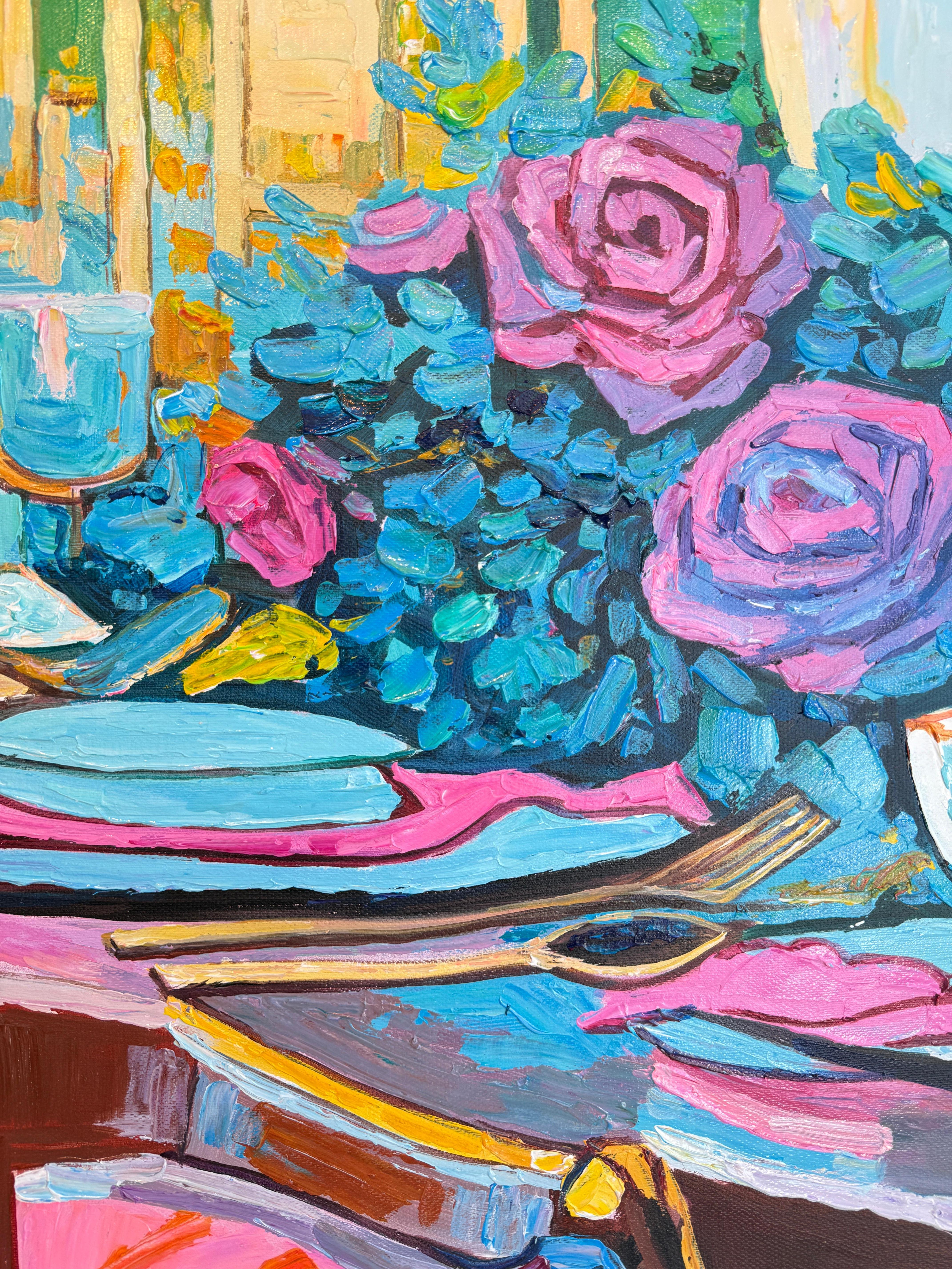 An Evening Meant for Us - K.Kusslein Impasto Flower Dinner Table Painting en vente 7
