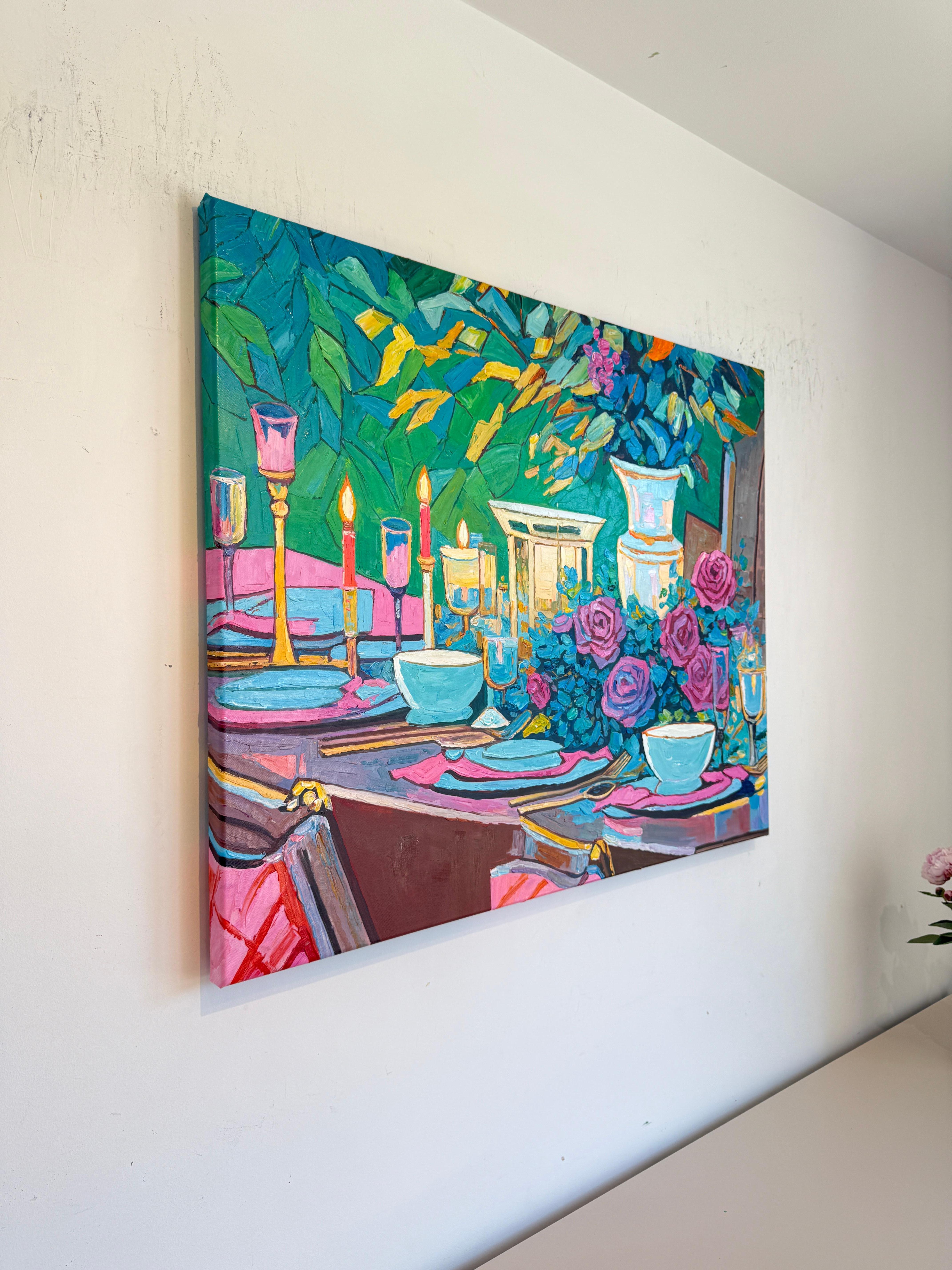 An Evening Meant for Us - K.Kusslein Impasto Flower Dinner Table Painting en vente 8