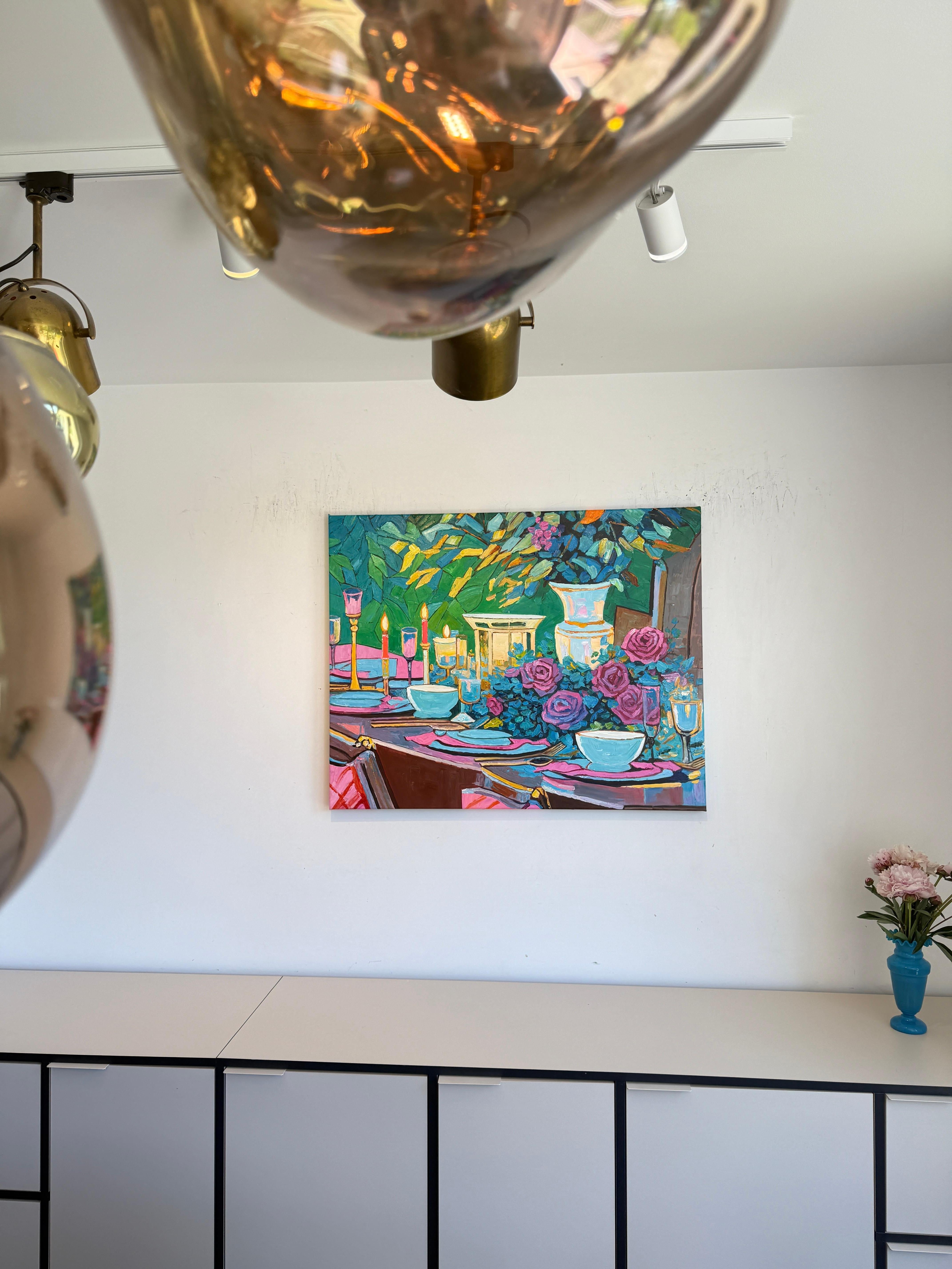 An Evening Meant for Us - K.Kusslein Impasto Flower Dinner Table Painting en vente 9