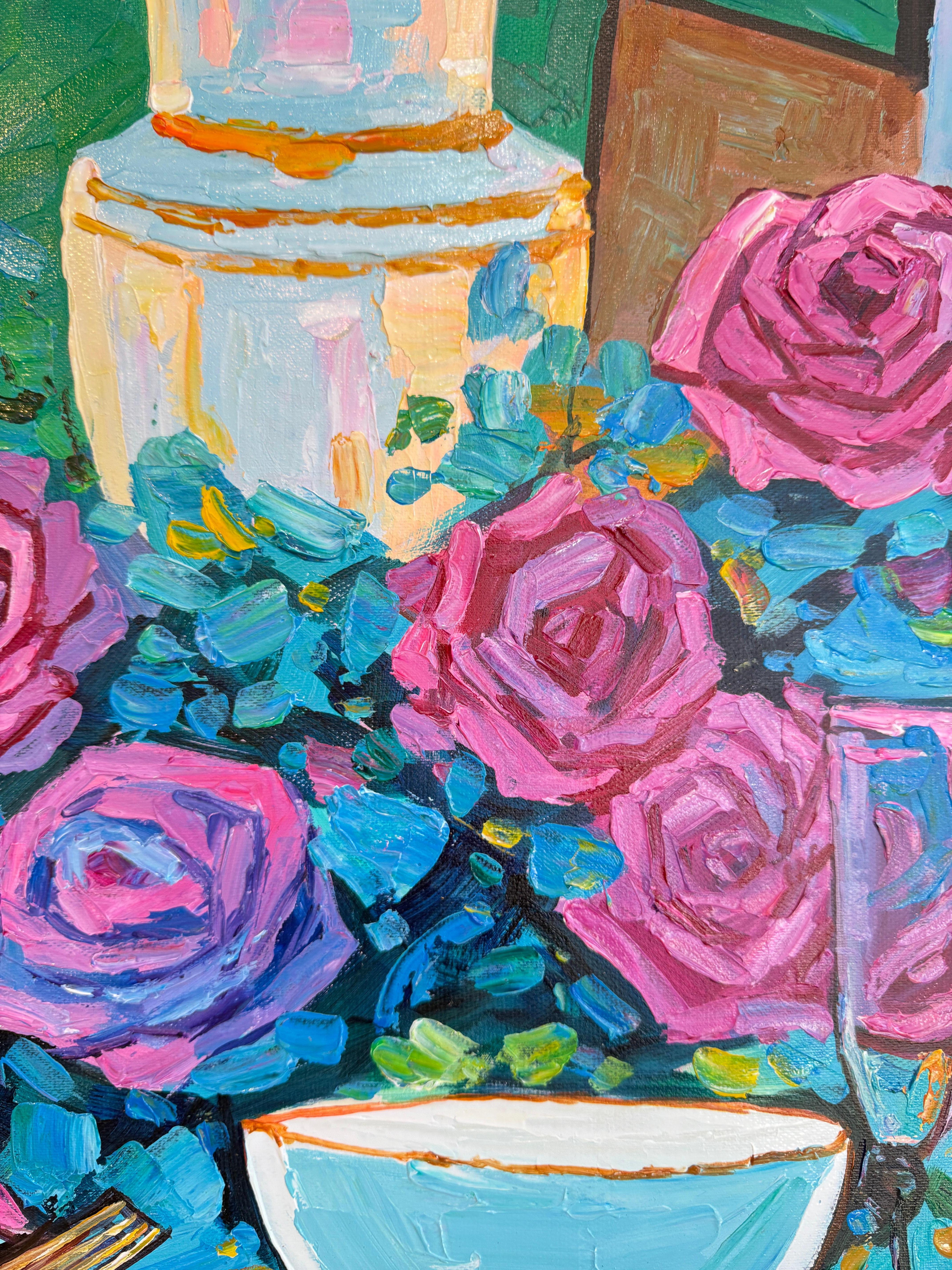 An Evening Meant for Us - K.Kusslein Impasto Flower Dinner Table Painting en vente 10