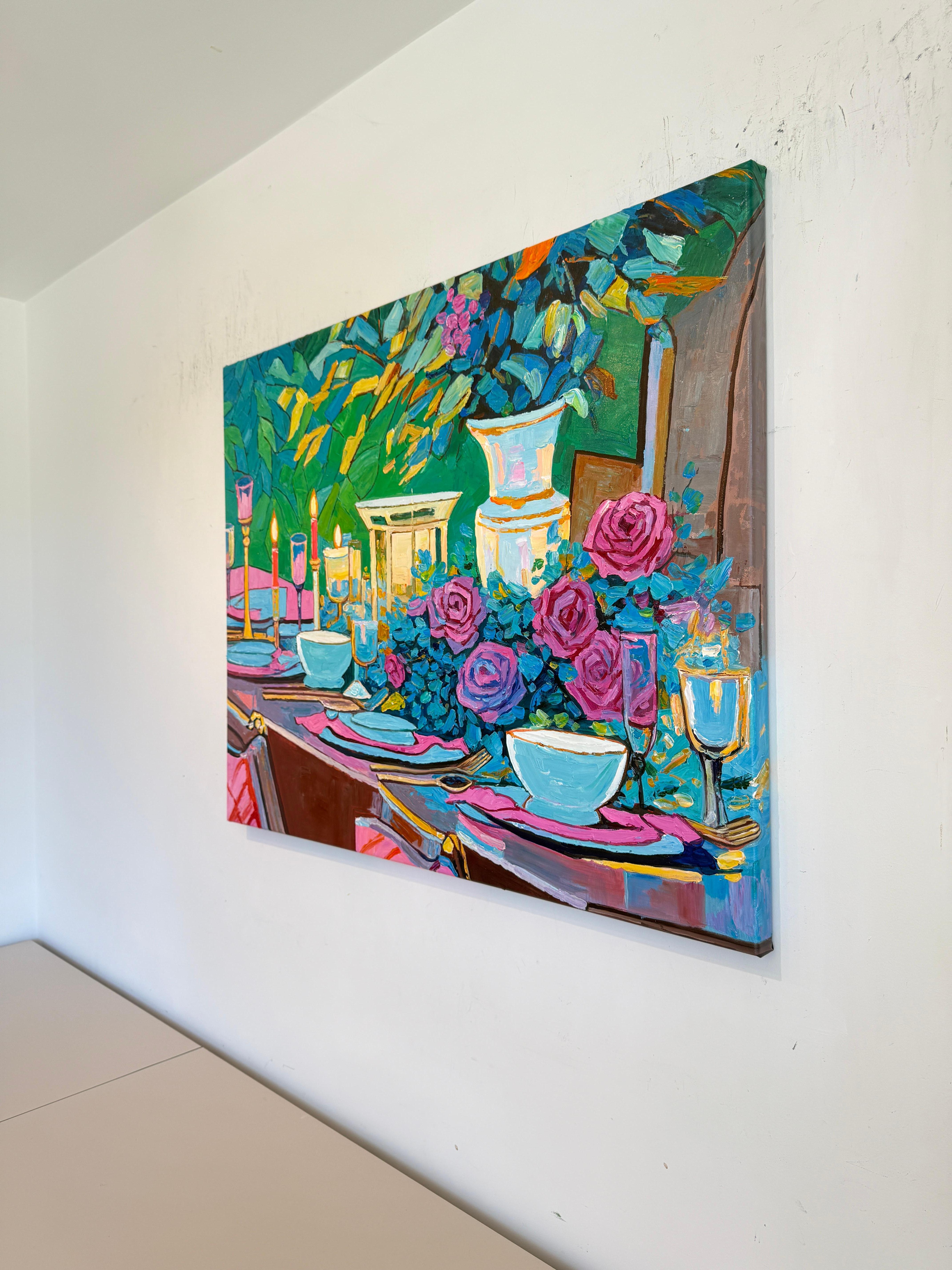 An Evening Meant for Us - K.Kusslein Impasto Flower Dinner Table Painting en vente 11