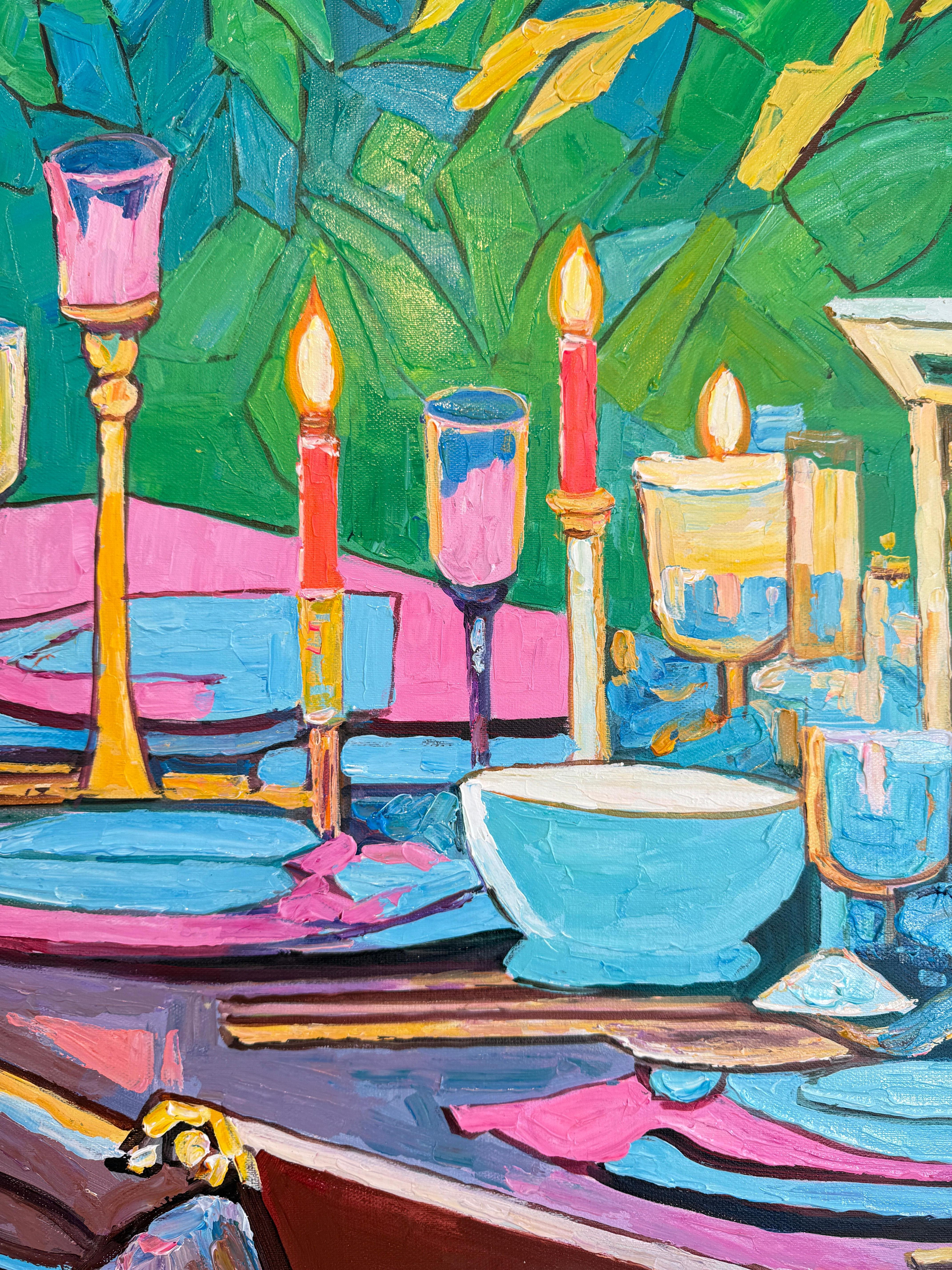 An Evening Meant for Us - K.Kusslein Impasto Flower Dinner Table Painting en vente 12