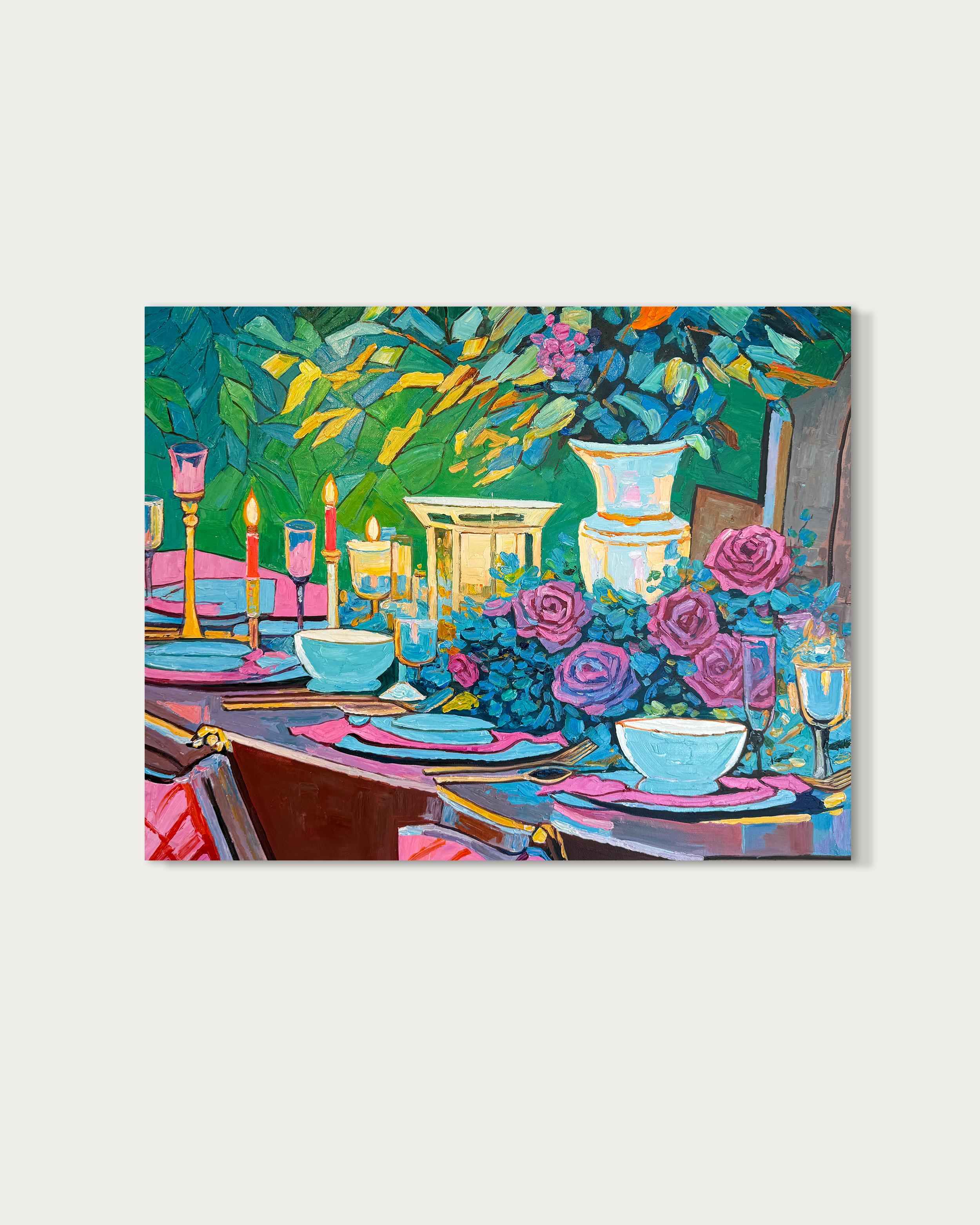 An Evening Meant for Us - K.Kusslein Impasto Flower Dinner Table Painting - Gris Landscape Painting par Katharina Husslein