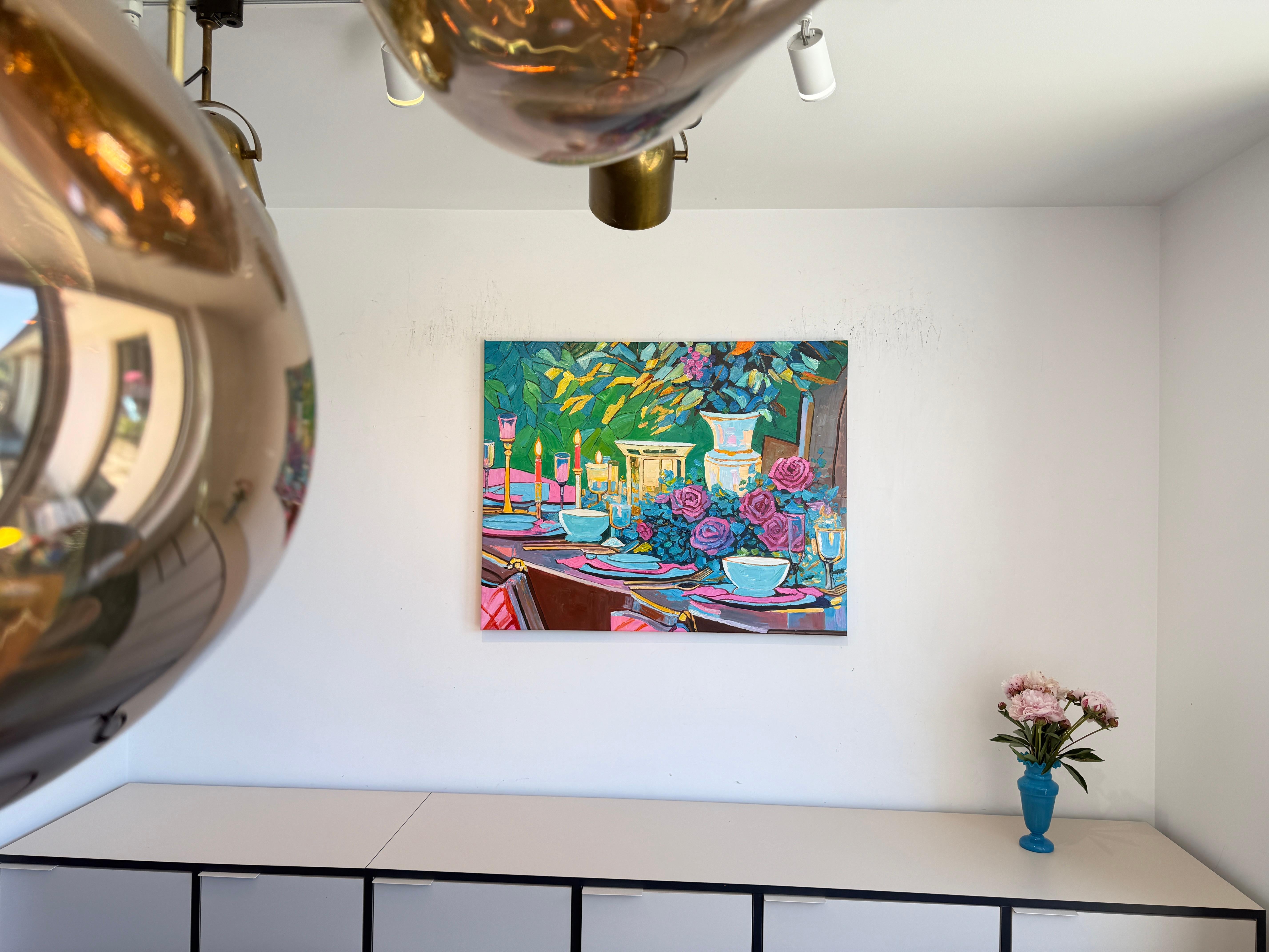 An Evening Meant for Us - K.Kusslein Impasto Flower Dinner Table Painting en vente 2