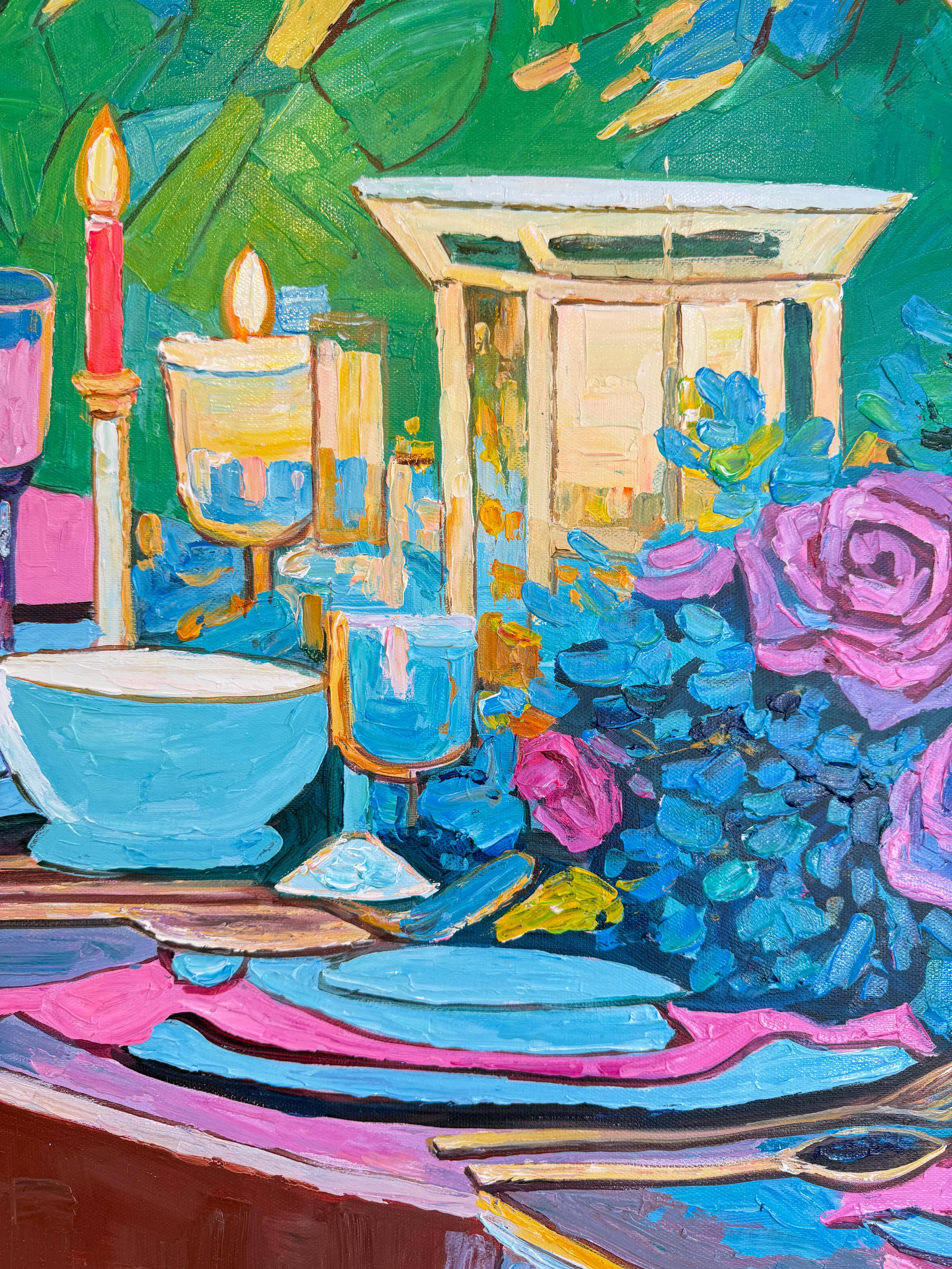 An Evening Meant for Us - K.Kusslein Impasto Flower Dinner Table Painting en vente 3