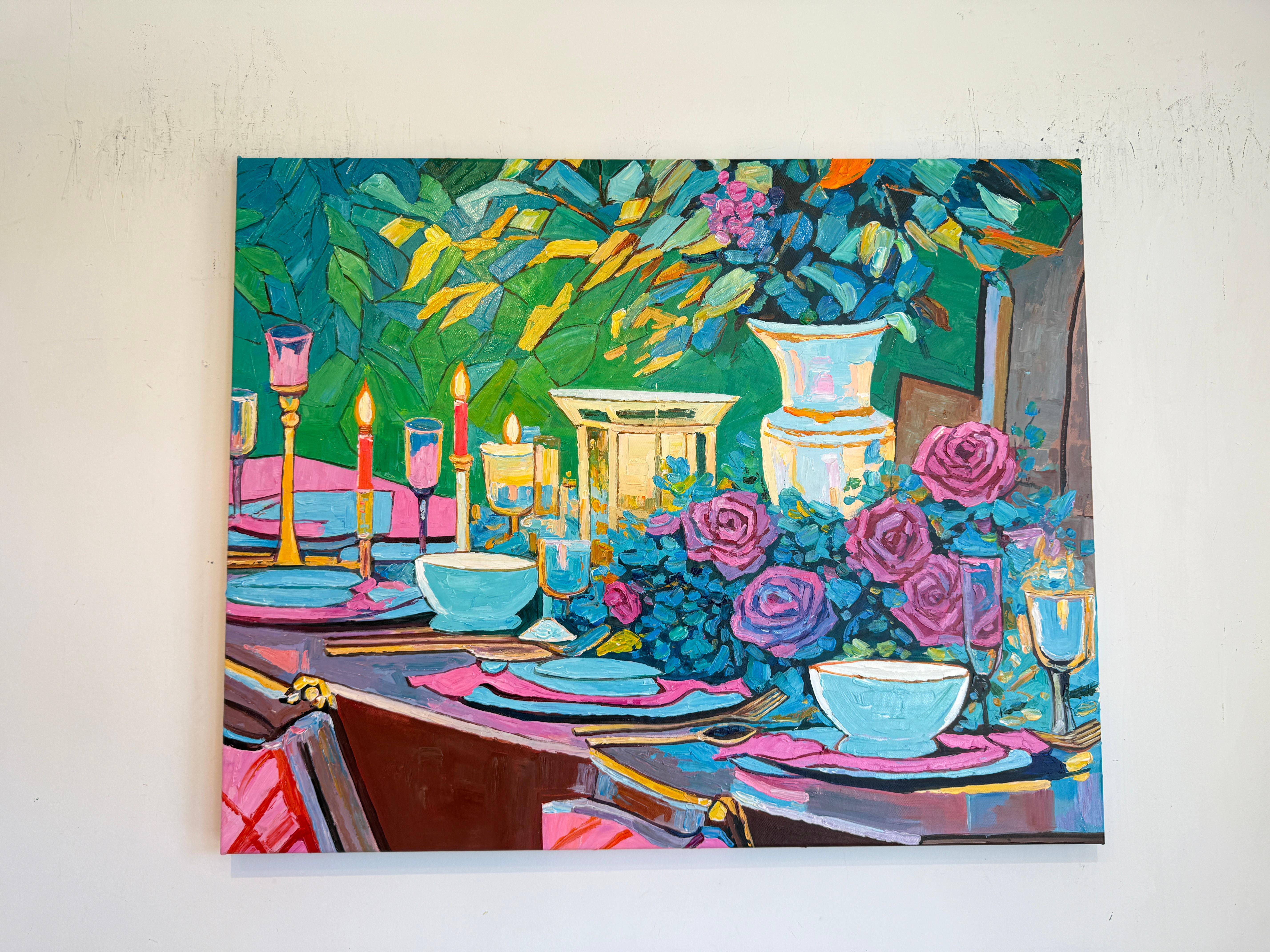 An Evening Meant for Us - K.Kusslein Impasto Flower Dinner Table Painting en vente 4