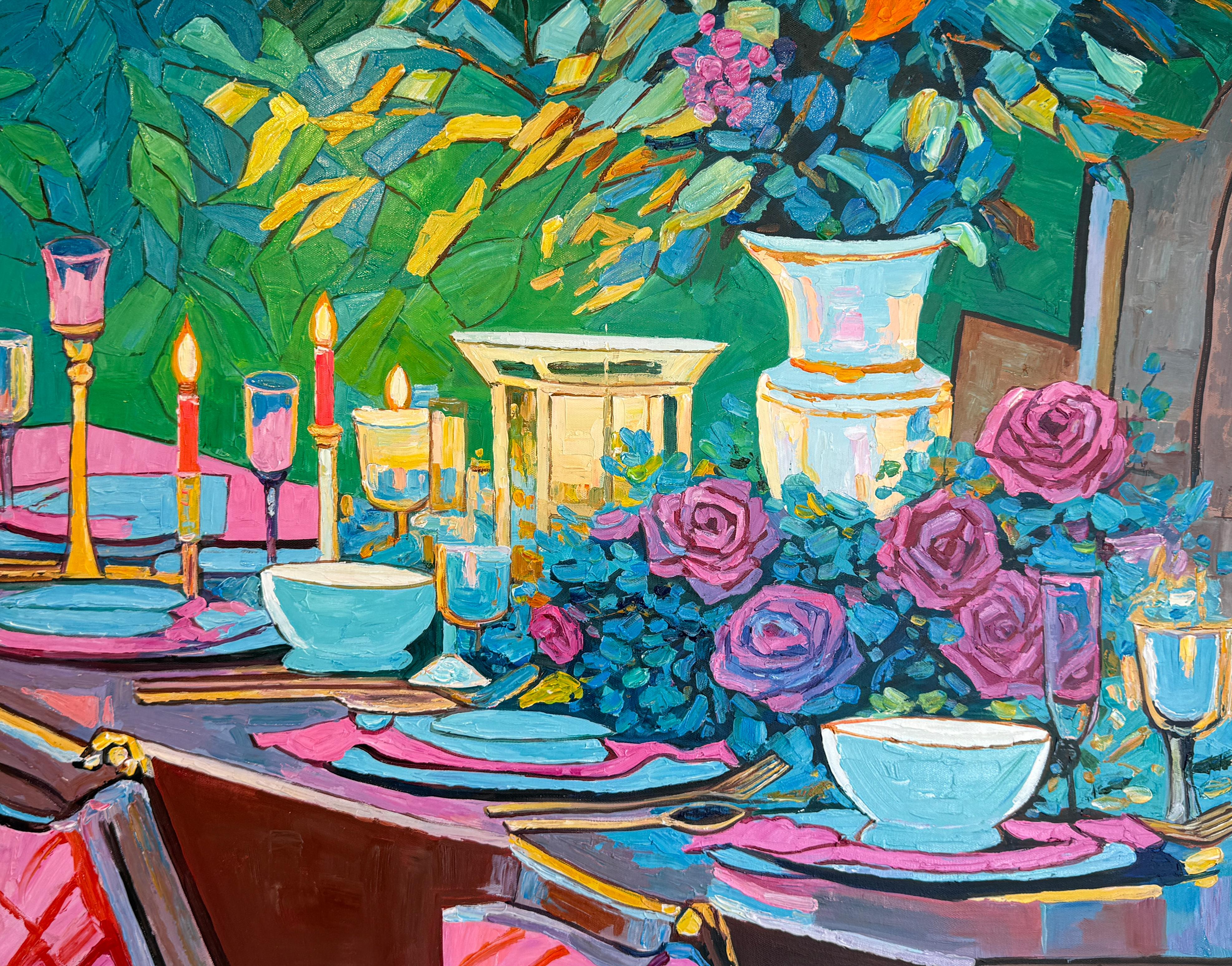 An Evening Meant for Us - K.Kusslein Impasto Flower Dinner Table Painting