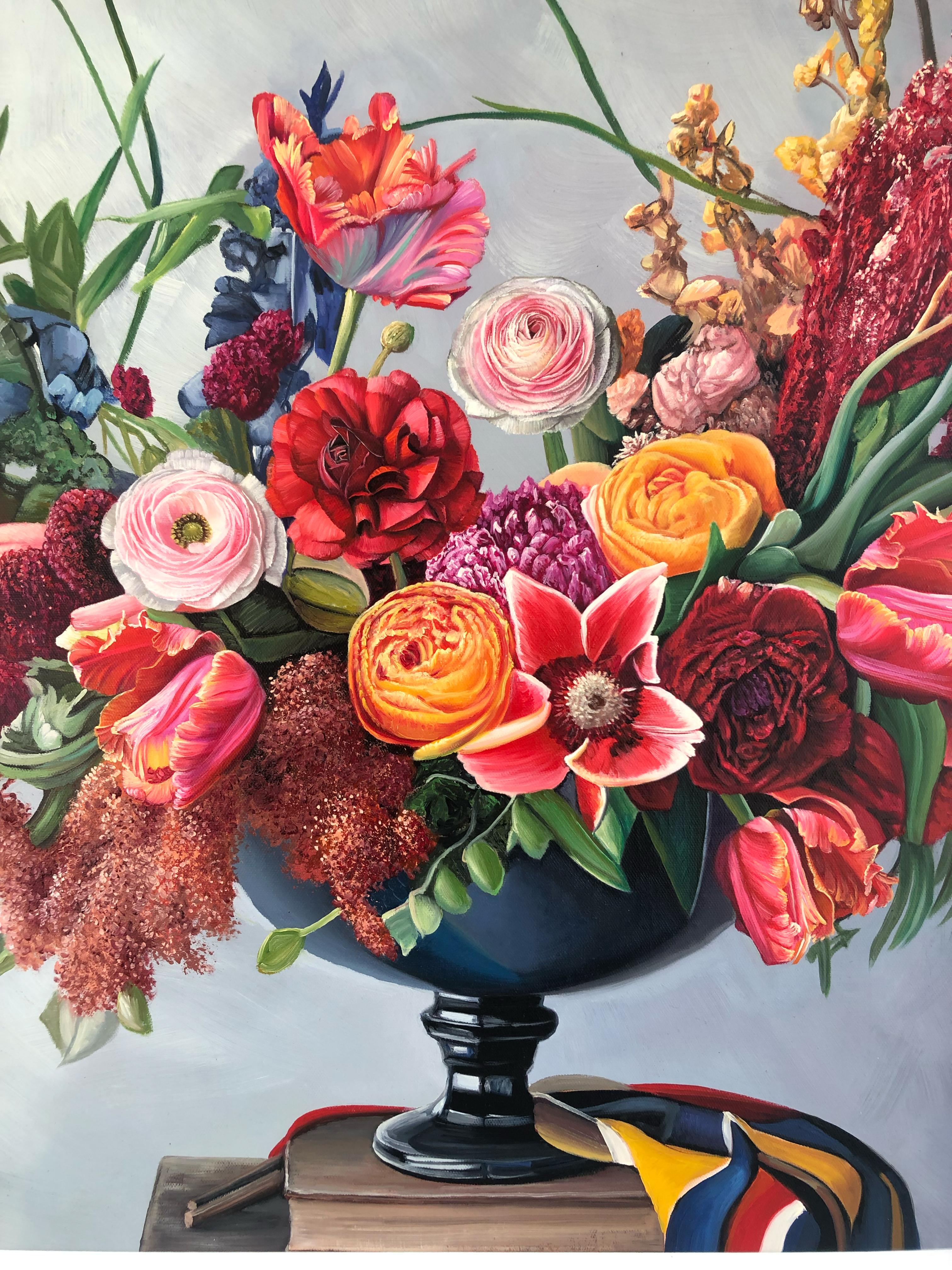 This is a beautiful oil painting of an array of flowers in a vase in front of dark background.
Reminding us of old master paintings, this is a brand new painting full elegance and timeless elegance.
The botanical paintings by Katharina Husslein have