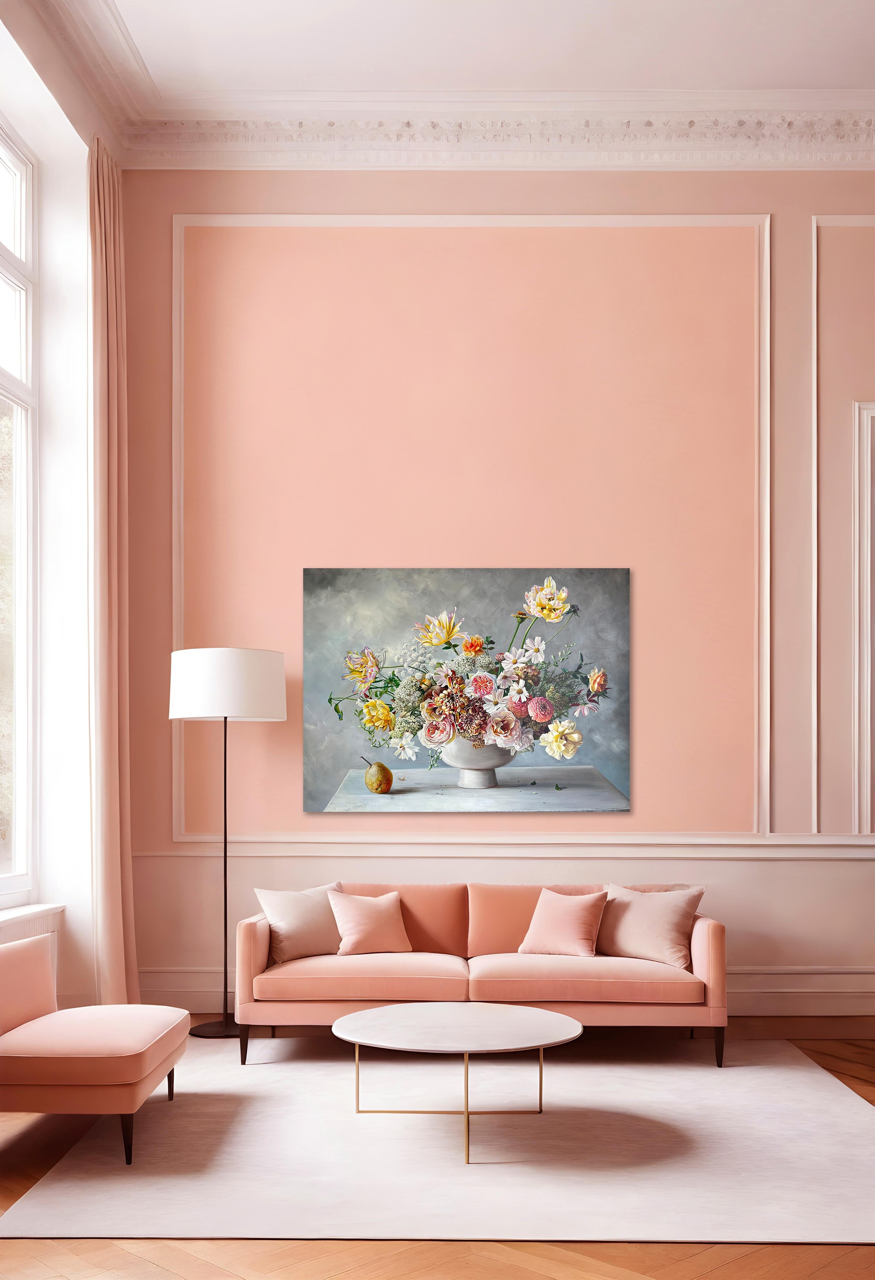 Si tratta di un bellissimo dipinto a olio che raffigura una serie di fiori in un vaso davanti a un gradiente di colore sullo sfondo.
Ricordando i dipinti dei vecchi maestri, questo è un dipinto nuovo di zecca pieno di eleganza e senza tempo.
I