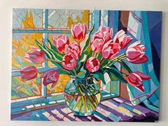 Catching Fire in the Sunlight by K. Husslein Impasto Flower Painting