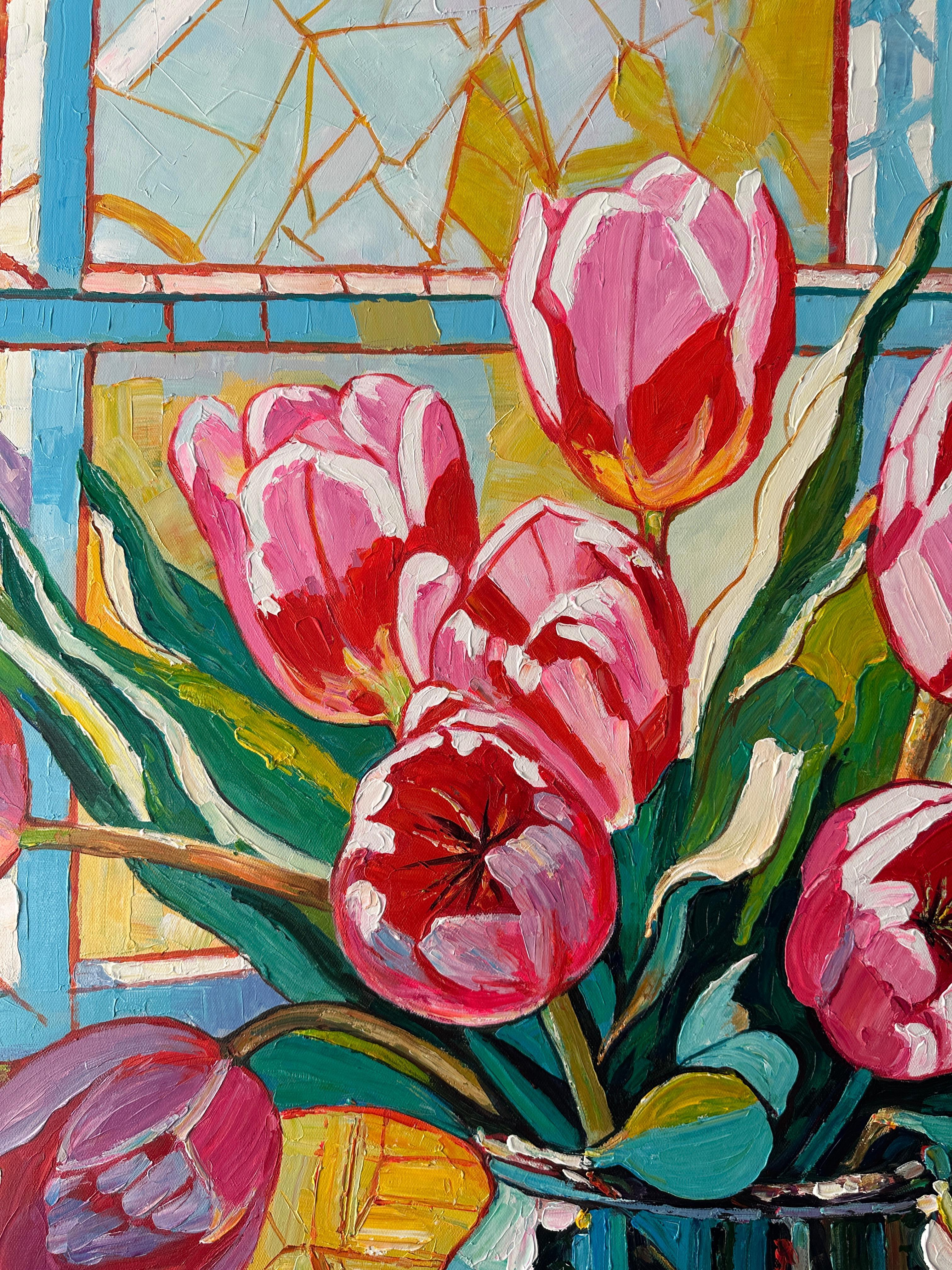 Katharina Hussleins texturierte und abstrakte Gemälde bringen die Lebendigkeit und Bewegung eines Blumenstraußes zum Ausdruck. 
Diese Serie unterscheidet sich von Hussleins kontrollierteren und glatteren Blumenstillleben, die eine direktere