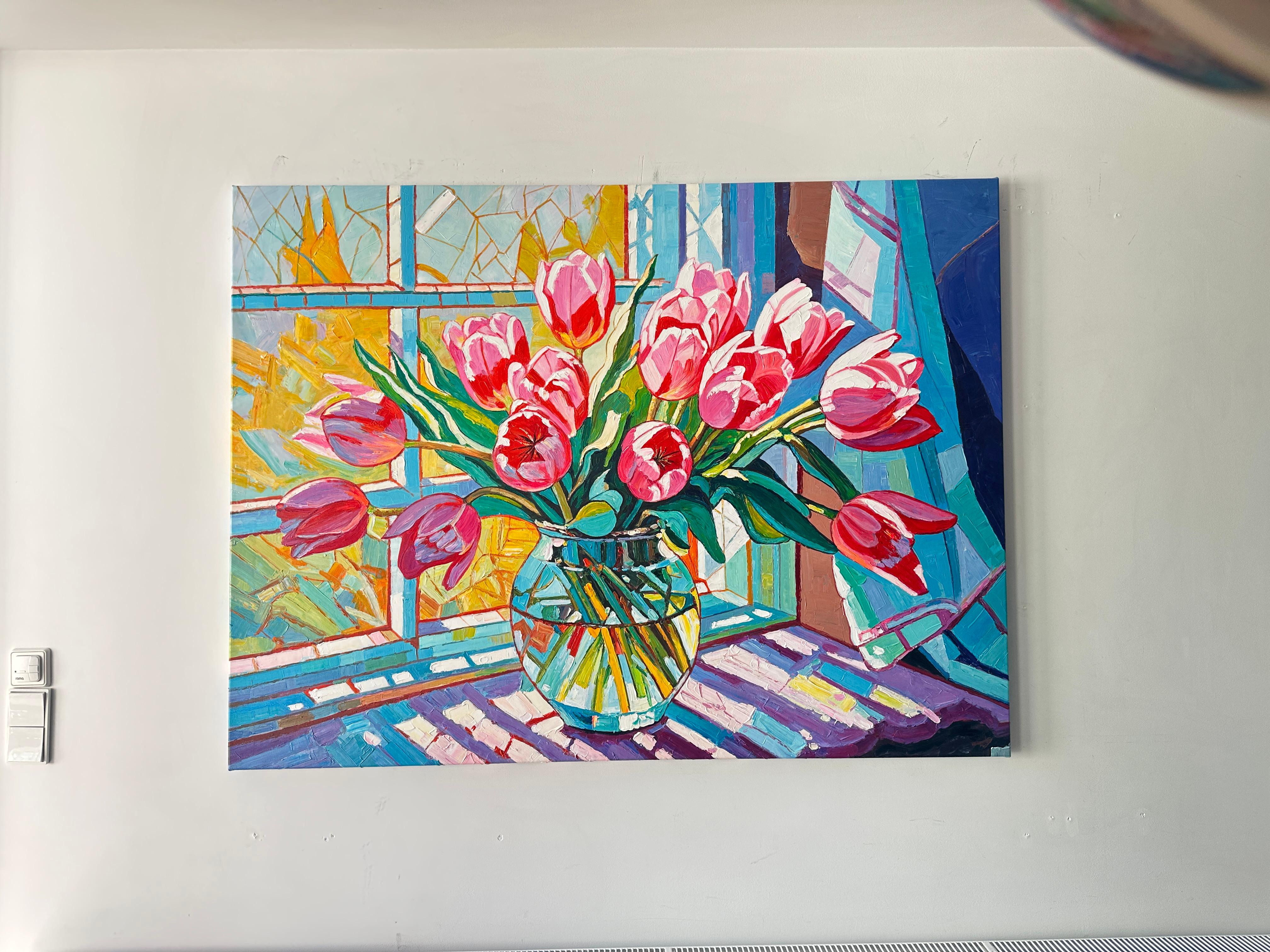 Catching Fire in the Sunlight von K. Husslein Impasto-Blumengemälde im Angebot 5