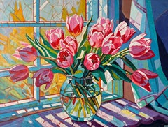 Catching Fire in the Sunlight by K. Husslein Impasto Flower Painting