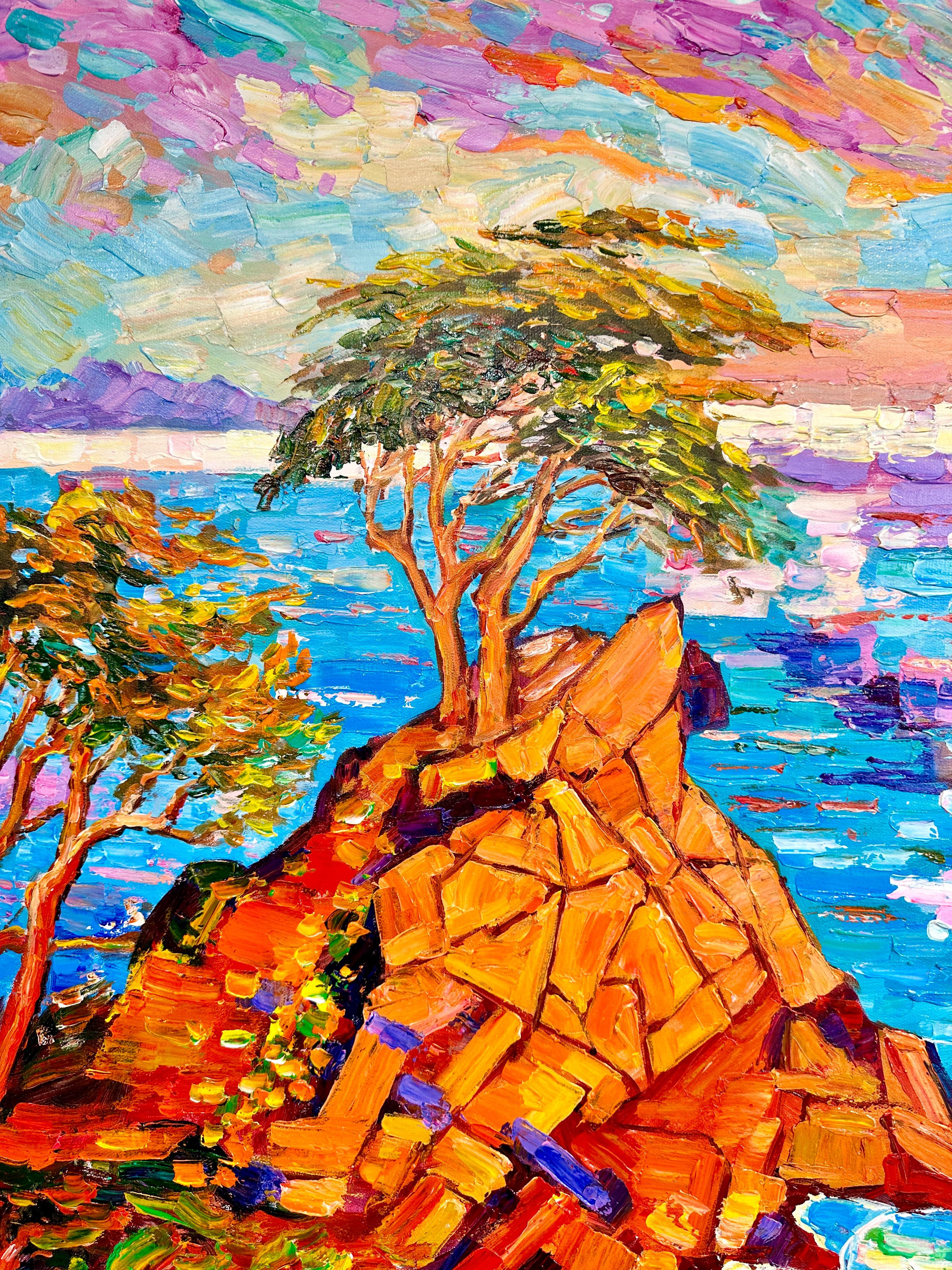 Cypress Tree Sunset - Katharina Husslein Colorful Impasto Oil Landscape Painting For Sale 2