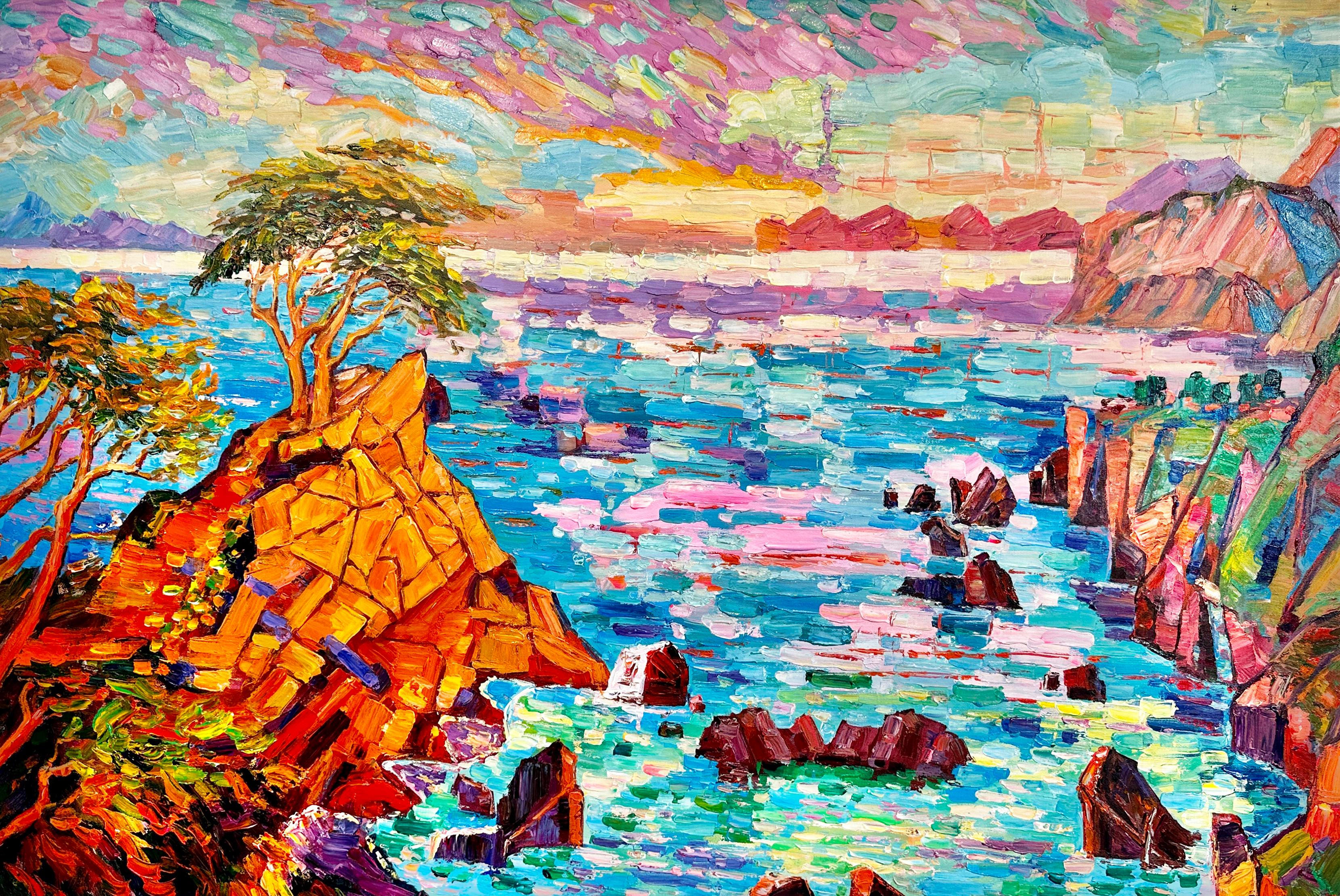 Within her impressionist landscape paintings, her experiences abroad truly come to light. These textural and abstracted paintings perfectly capture the vibrancy and movement included in a coastal sunset. This series differs from Husslein’s more