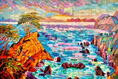 Peinture à l'huile colorée d'un paysage en forme d'arbre de cyprès coucher de soleil, Katharina Husslein
