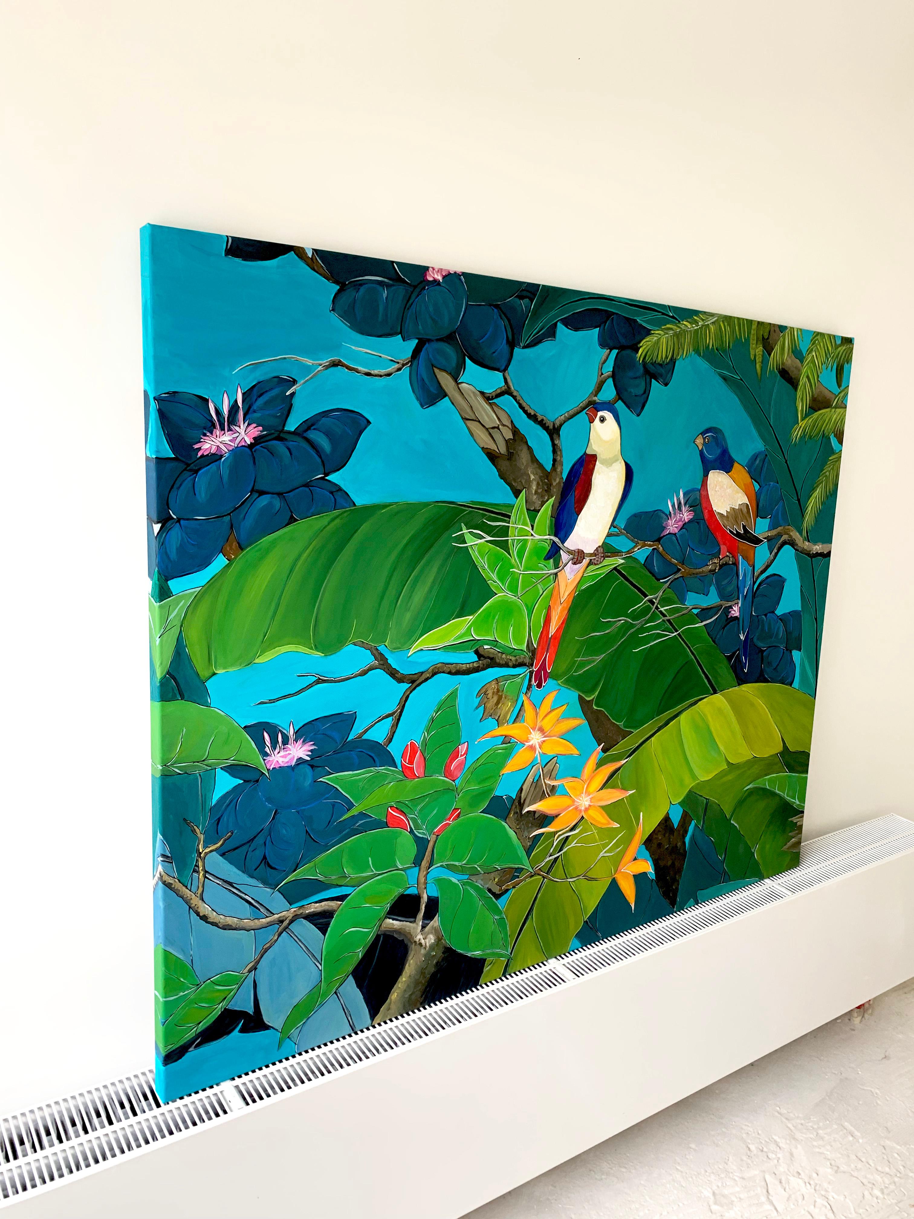 Date Night' is an original contemporary jungle painting full of color and movement.

Katharina Husslein has started a new body of work looking at rainforests and jungles. These beautiful parts of nature are currently under threat worldwide. Yet they