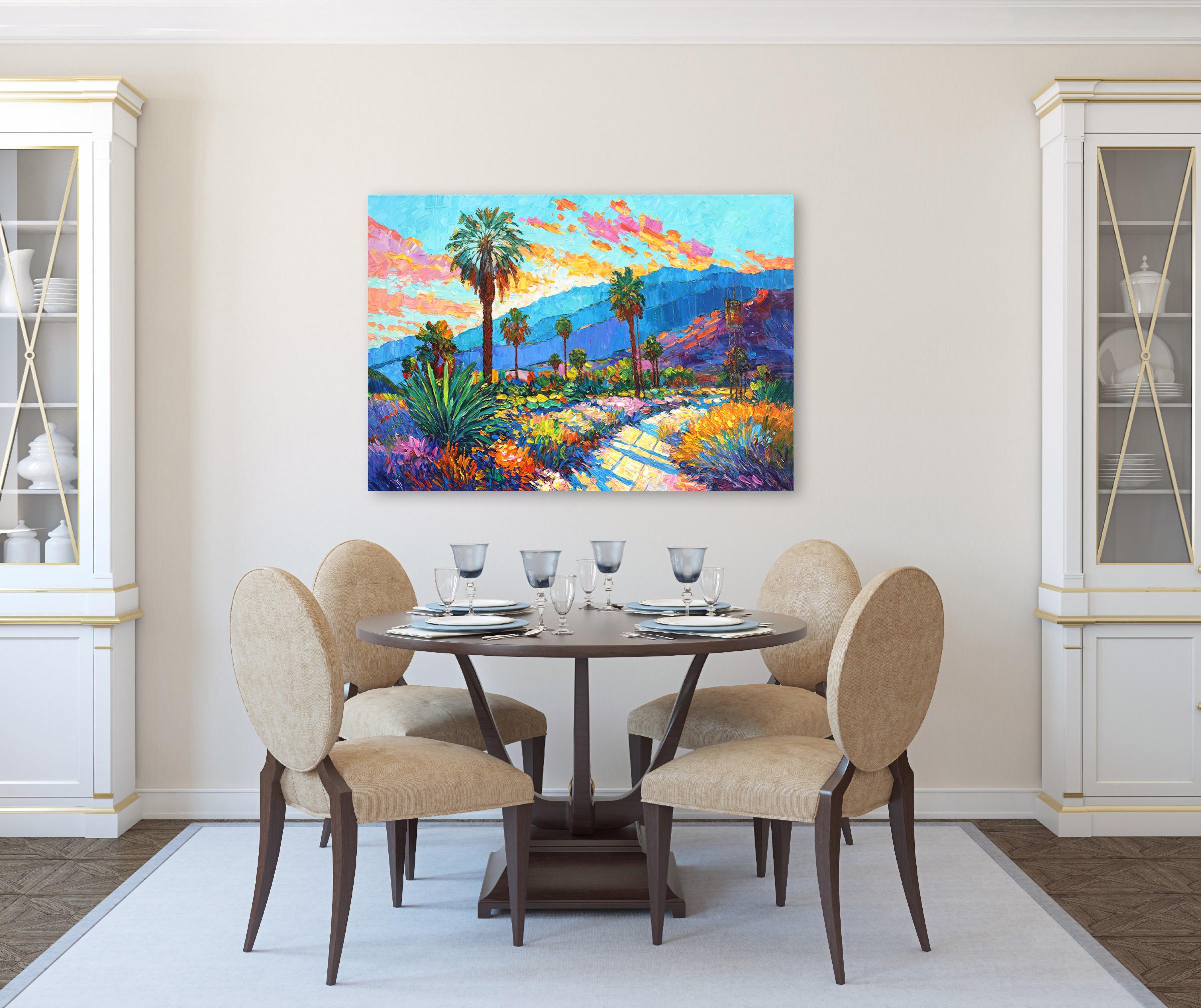 Dreaming of Palm Trees - Vibrant Textural Landscape Oil Painting - Gray Still-Life Painting by Katharina Husslein