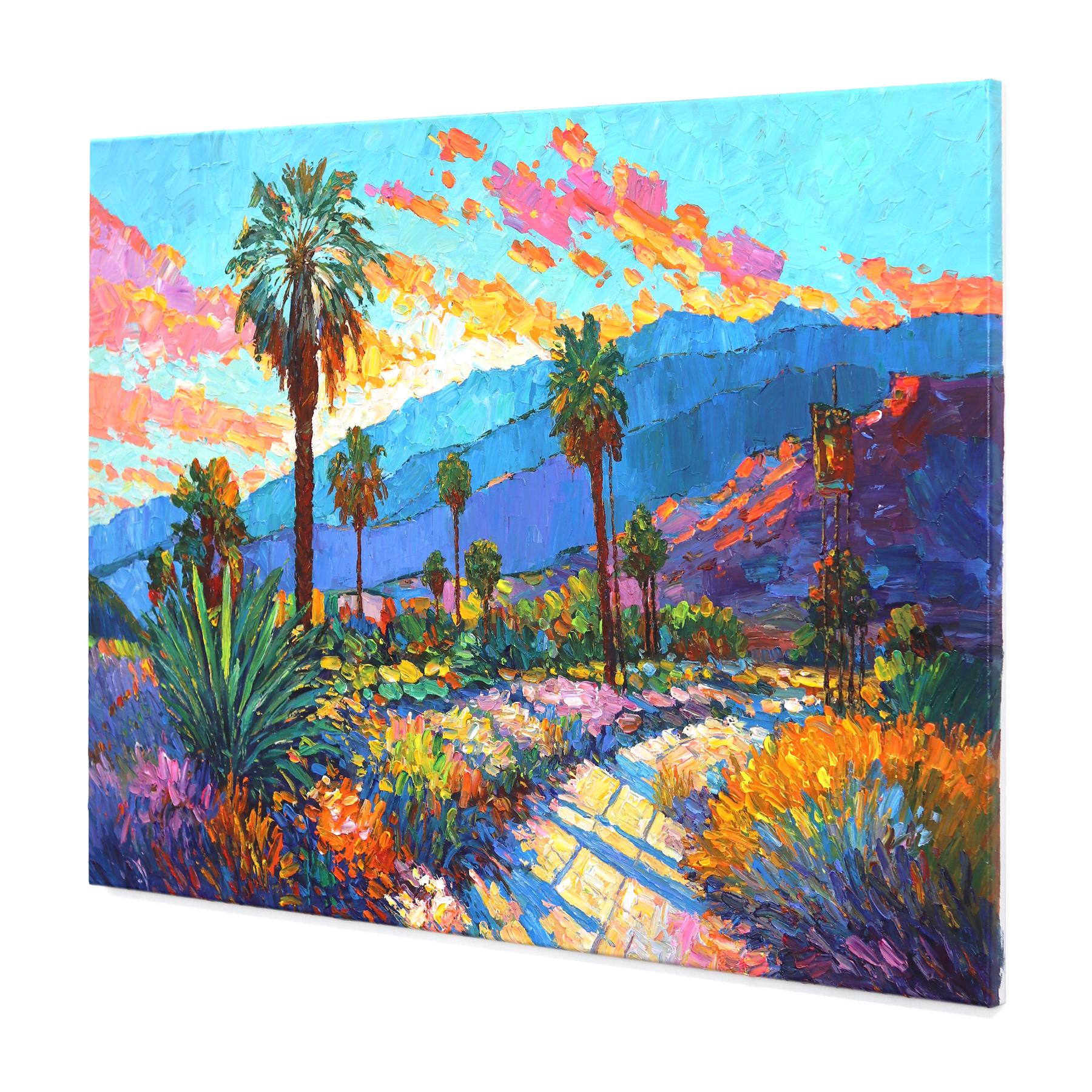 Dreaming of Palm Trees - Vibrant Textural Landscape Oil Painting For Sale 1