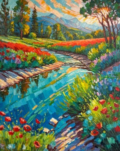 « À la dérive avec la lumière du fleuve », peinture à l'huile en impasto, 80 x 100 cm, signée
