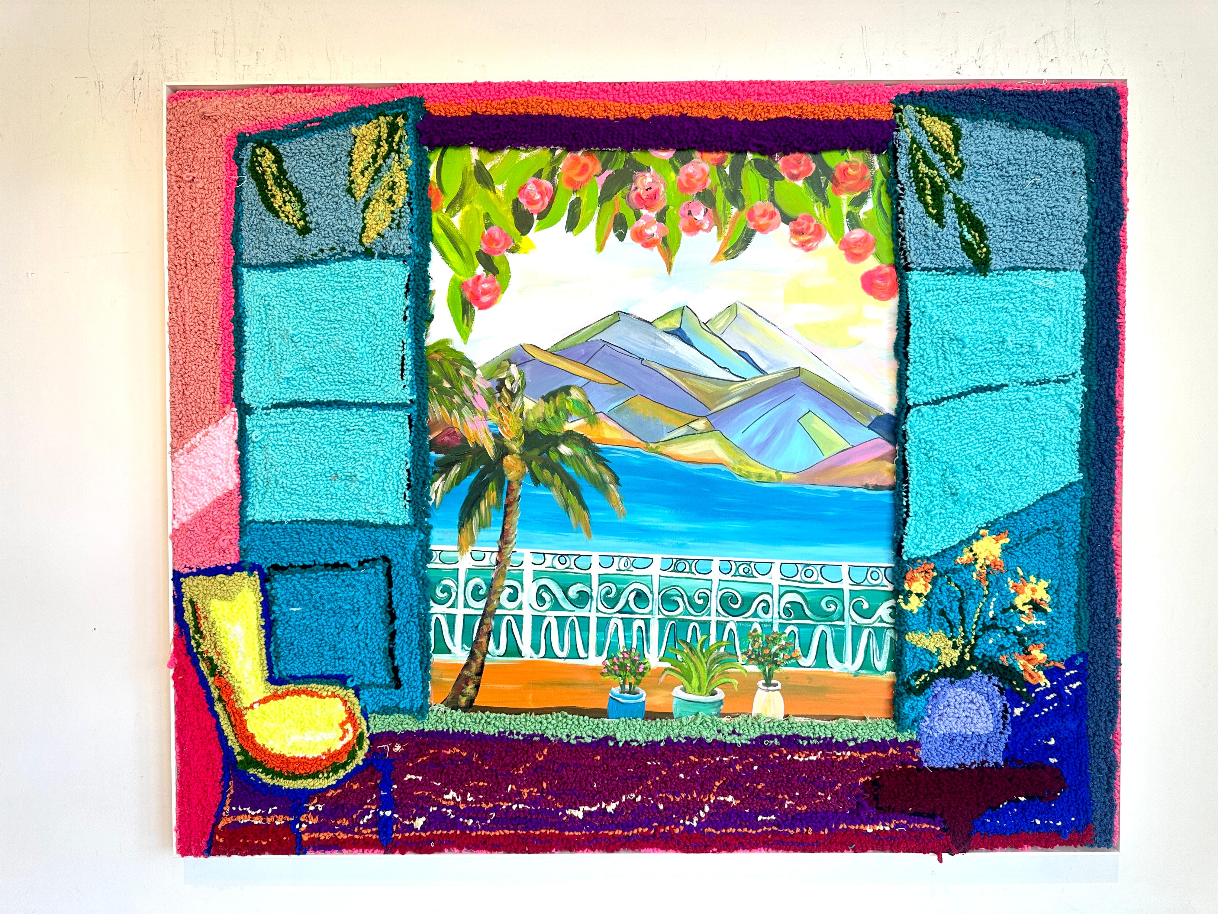 The Comfort of our Home - K.Husslein Landschaftsmalerei mit Tufting (Blau), Landscape Painting, von Katharina Husslein
