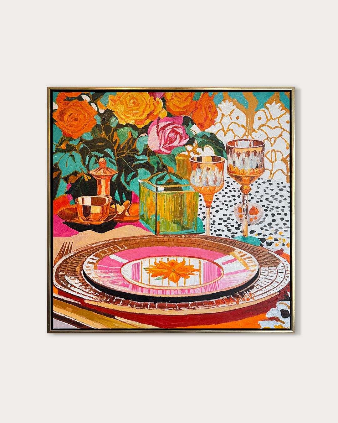 Un bagliore glamour alla luce del sole - K.Husslein Impasto di fiori per la tavola da pranzo - Painting Impressionismo di Katharina Husslein