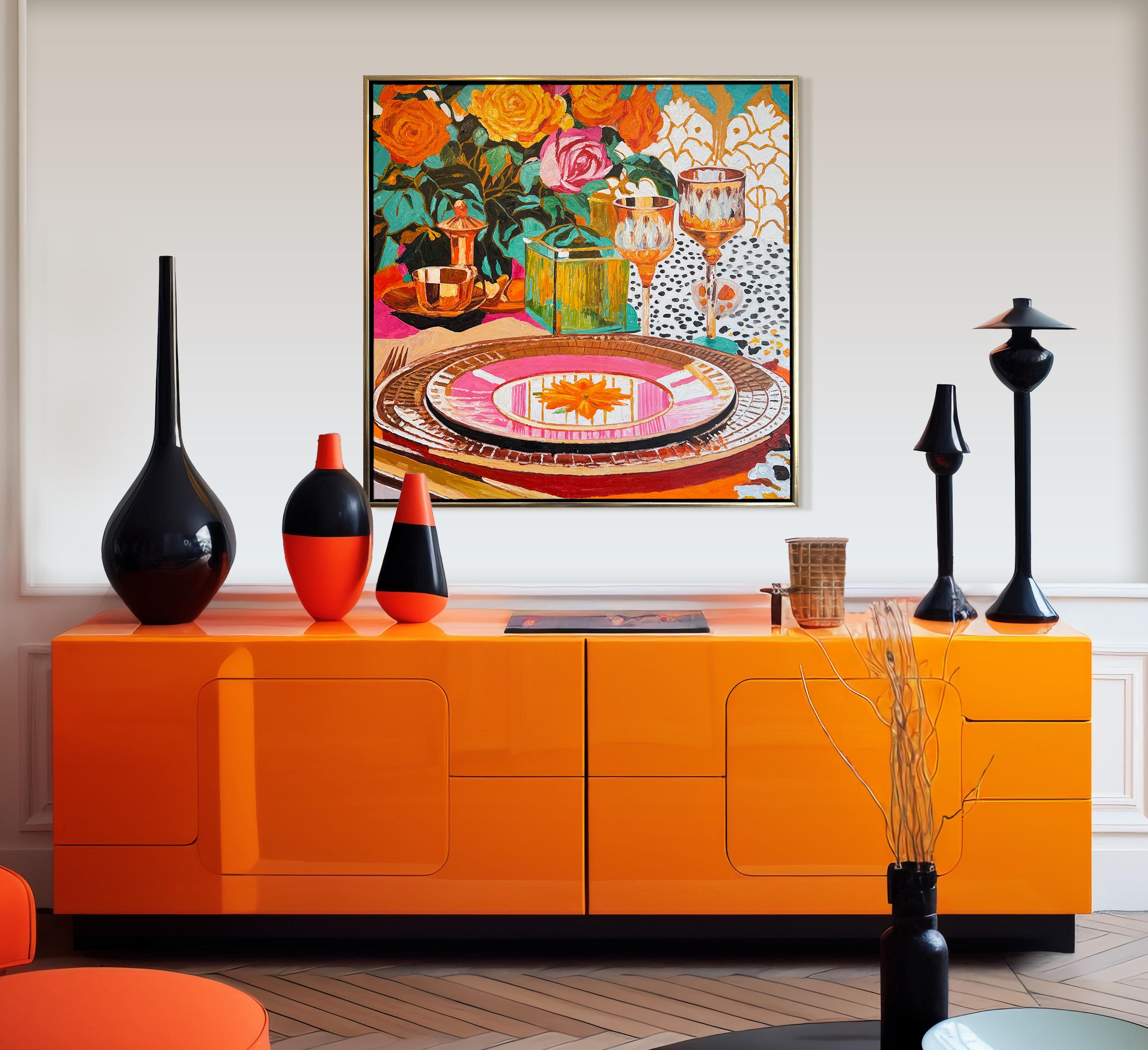 Glamorous glow in the sunlight - K.Husslein Impasto Flower Dinner Table Painting For Sale 2