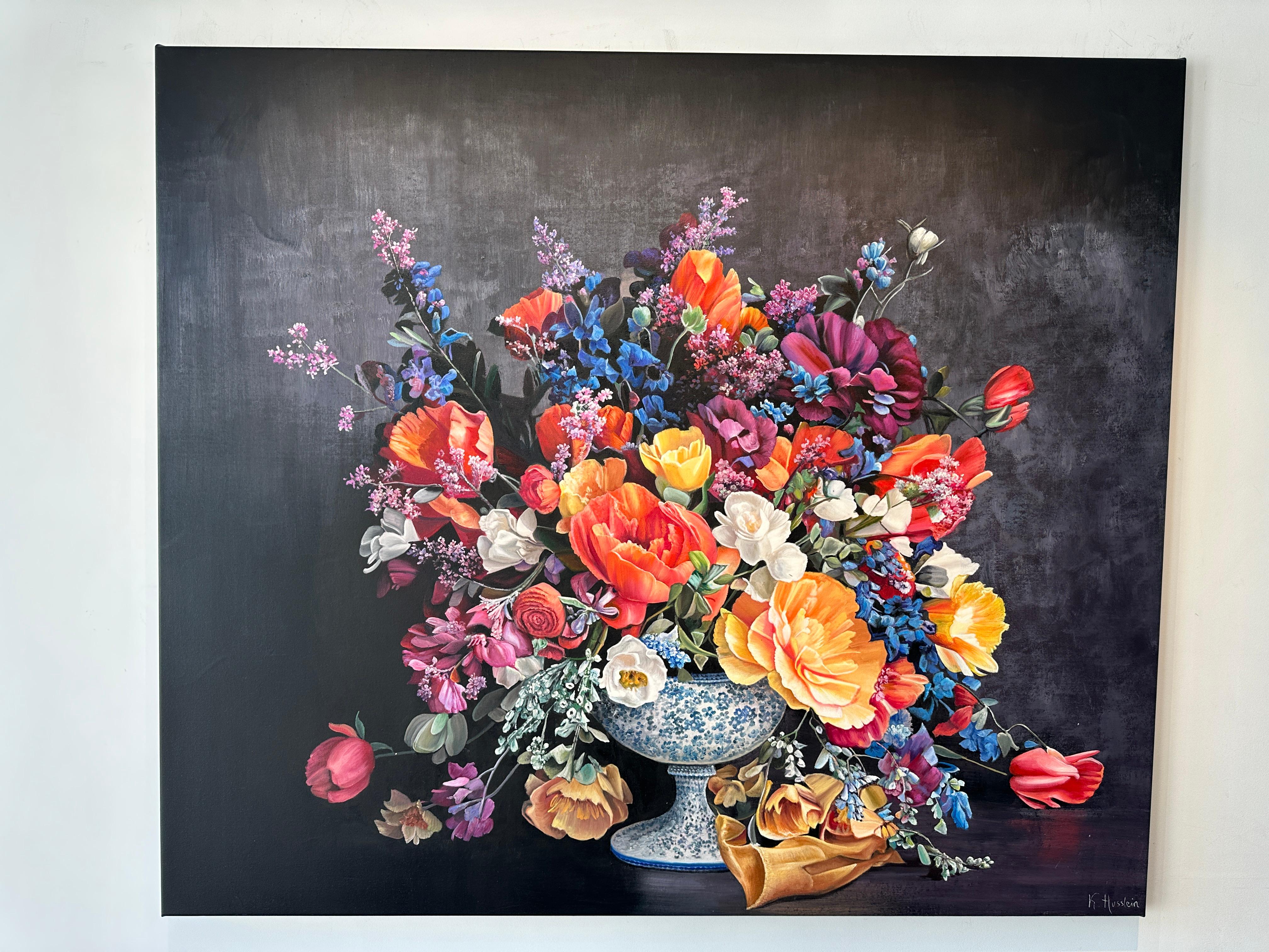Dies ist ein schönes Ölgemälde mit einer Reihe von Blumen in einer Vase vor einem dunklen Hintergrund.
Dieses brandneue Gemälde voller Eleganz und zeitloser Eleganz erinnert an die Gemälde alter Meister.
Die botanischen Gemälde von Katharina