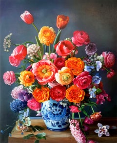 Happy Home - original realist bouquet floral still life painting oil artwork