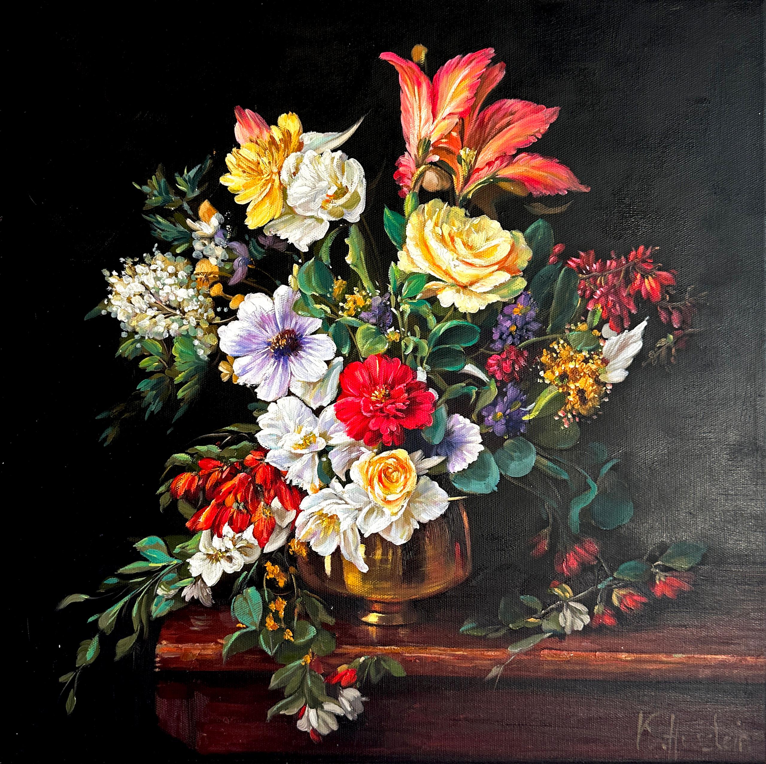 The Head does its best but the heart is the boss.

This is a beautiful oil painting of an array of flowers in a vase in front of a dark background.
Reminding us of old master paintings, this is a brand new painting full elegance and timeless
